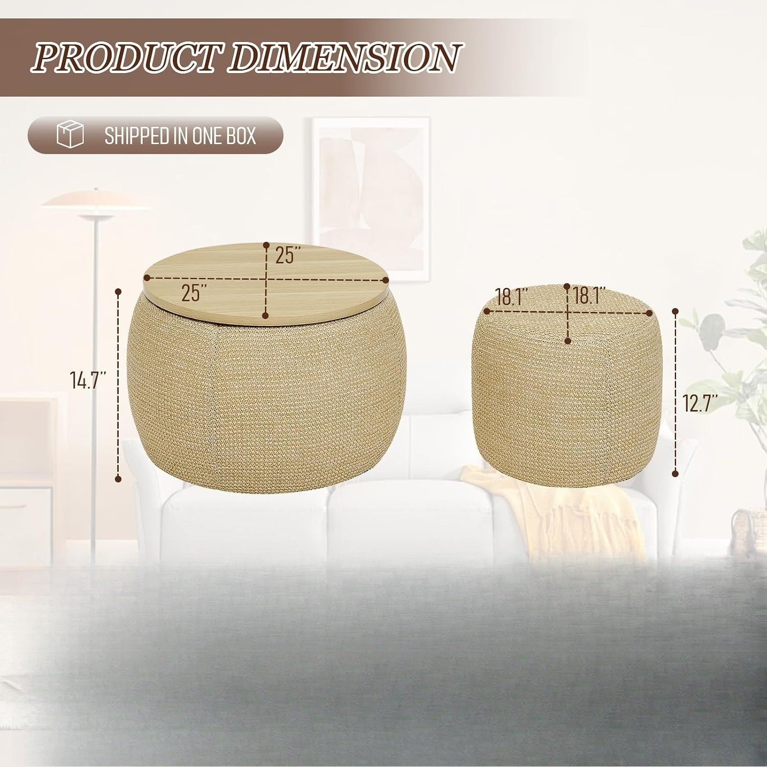 Natural Round Storage Ottoman Set