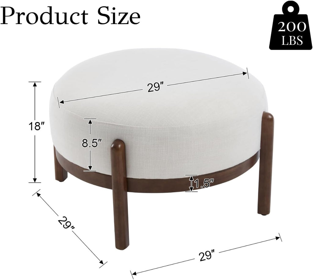 Beige Linen Round Ottoman