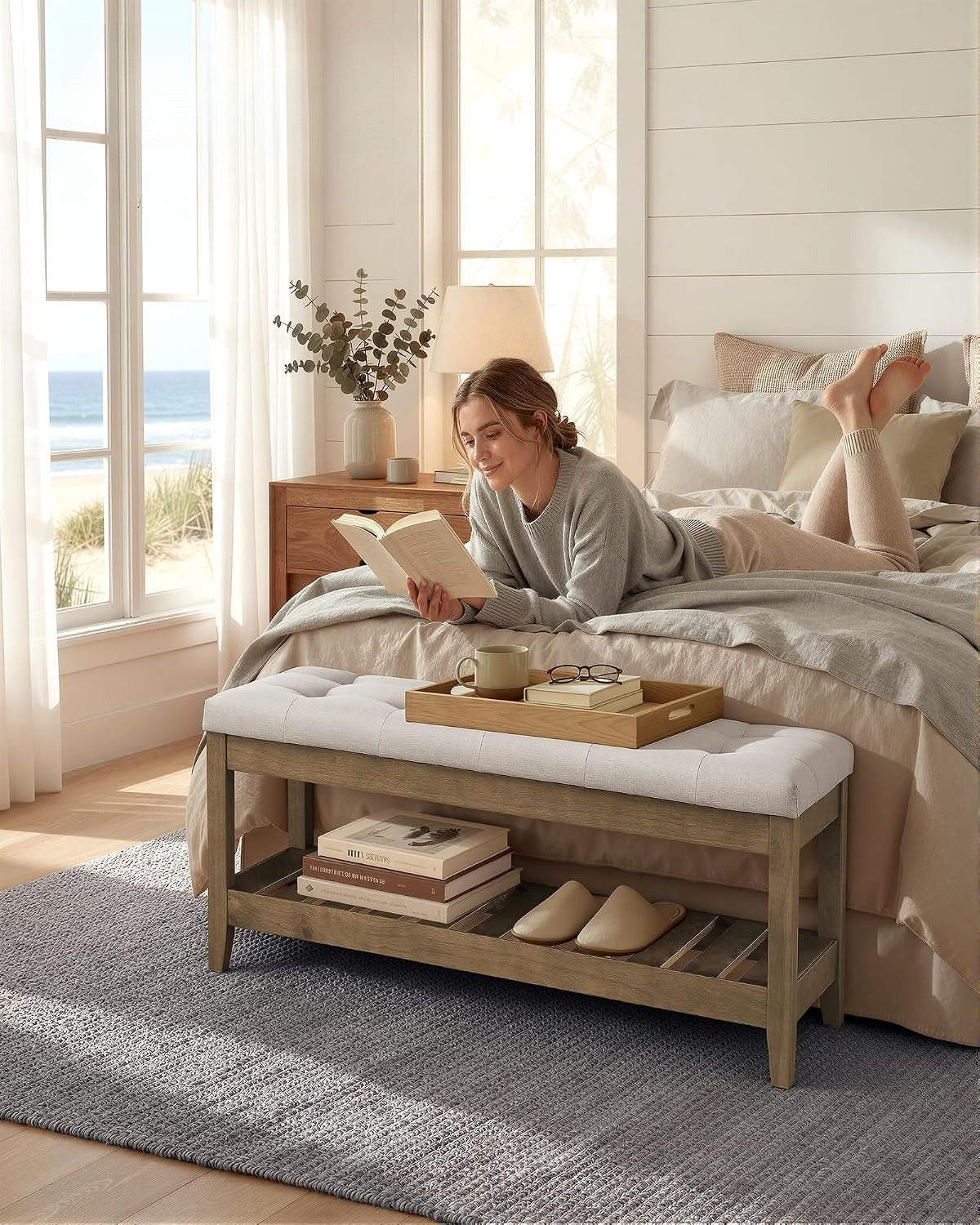 Sand Tufted Wood Frame Storage Bench