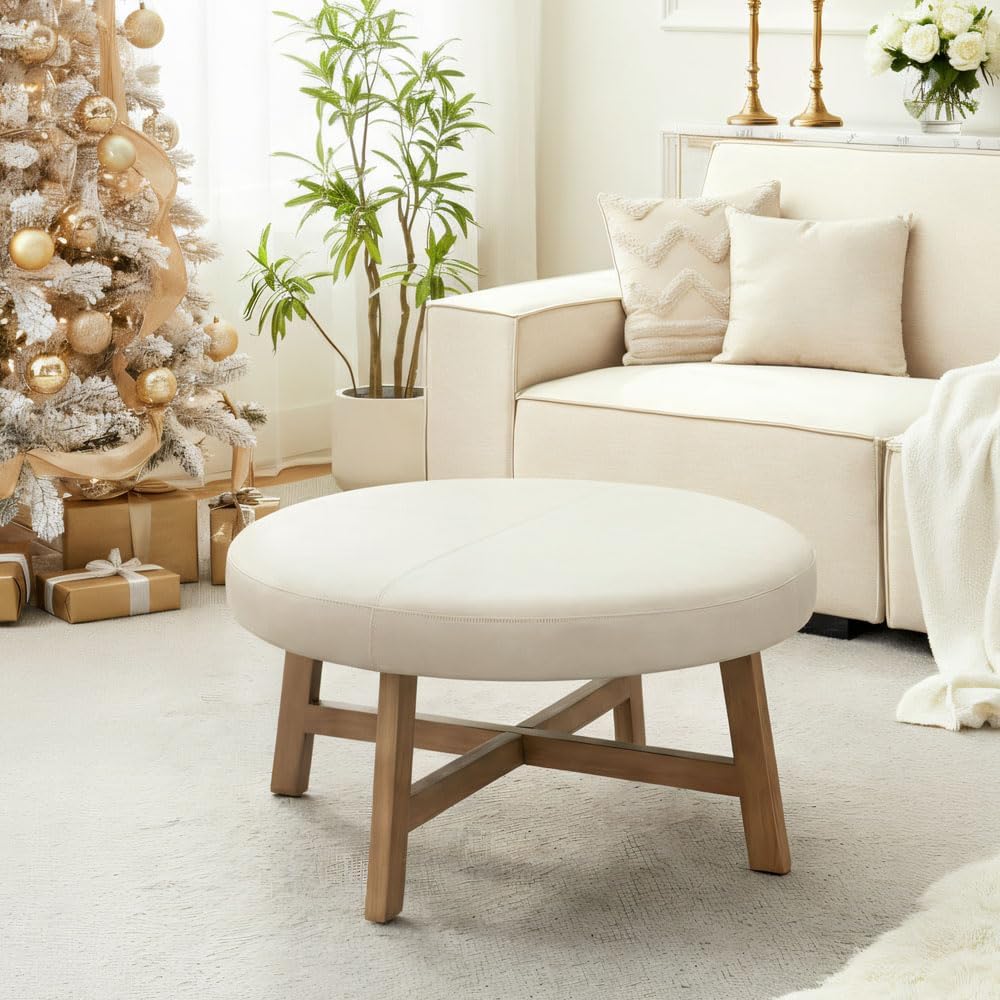Beige Leather Round Ottoman