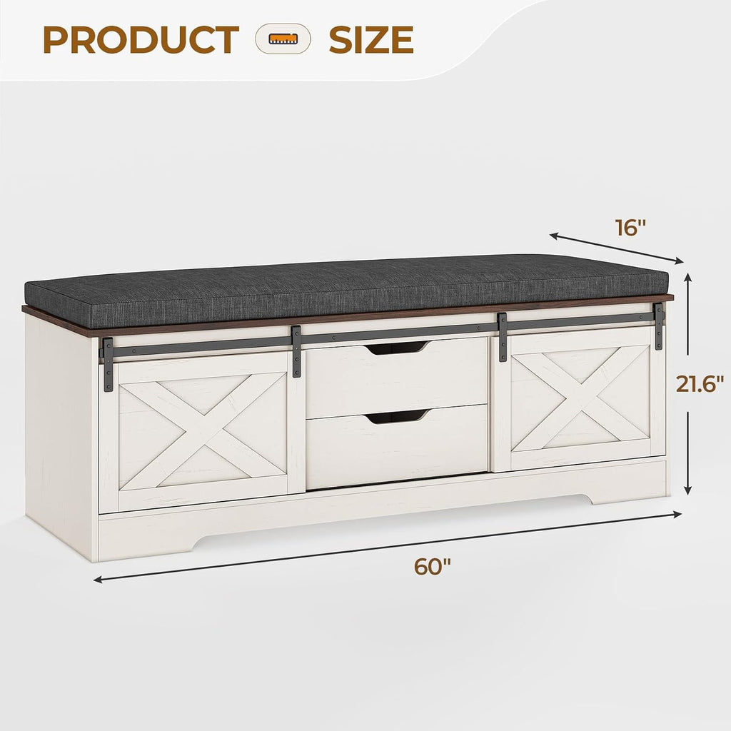 White Brown Drawer Cushioned Storage Bench