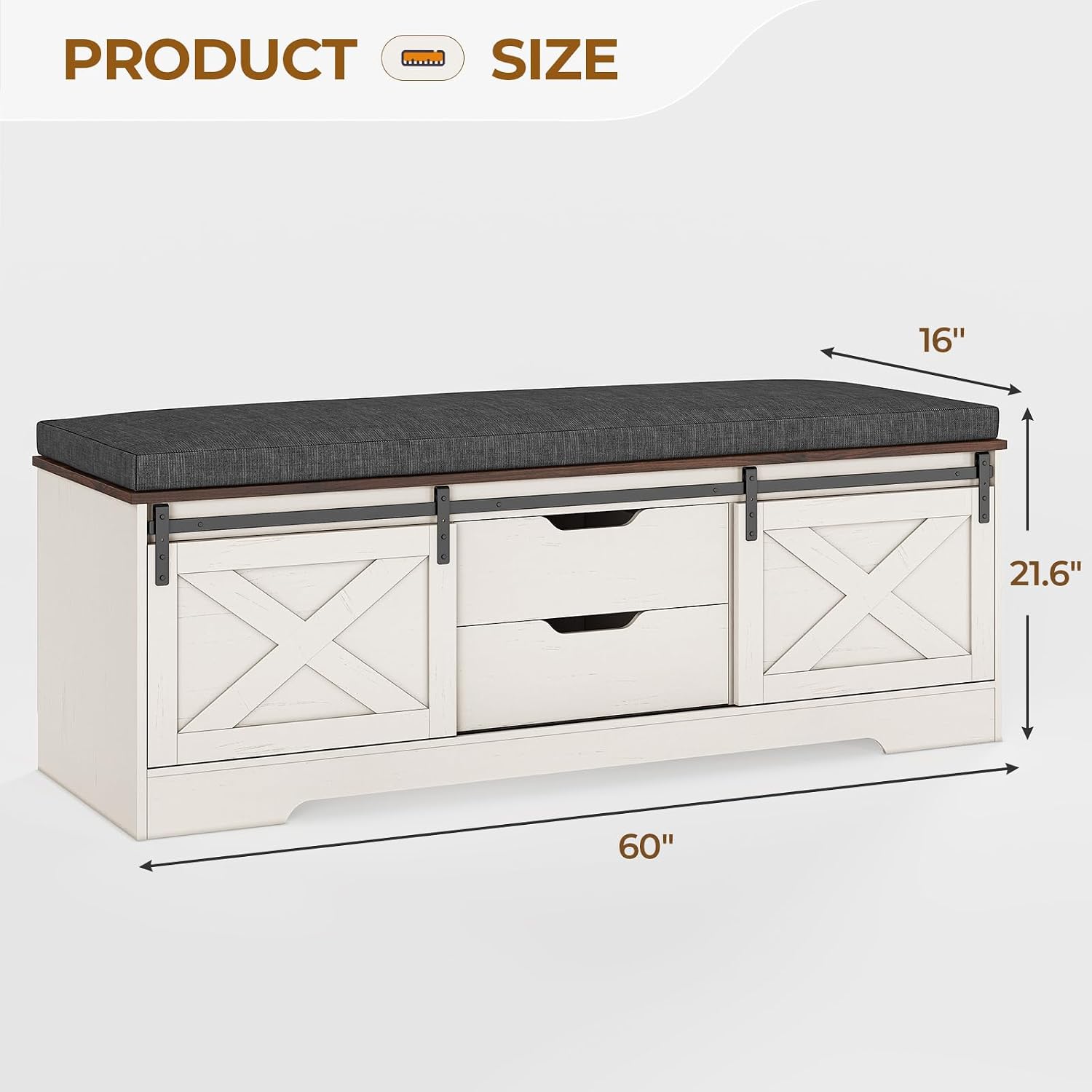 White Brown Drawer Cushioned Storage Bench