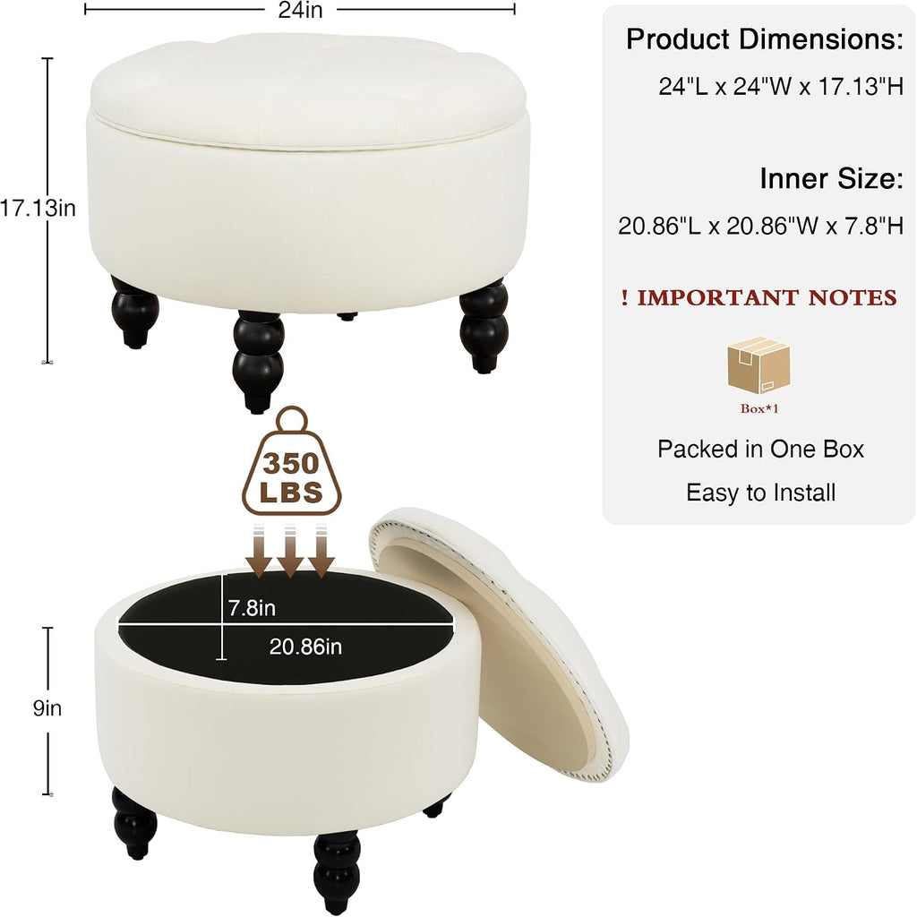 White Tufted Round Storage Ottoman