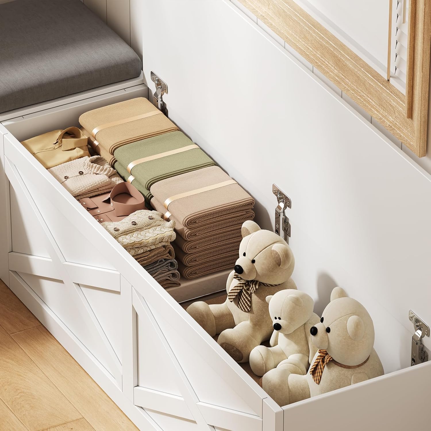 White Cushioned L-Shaped Storage Bench