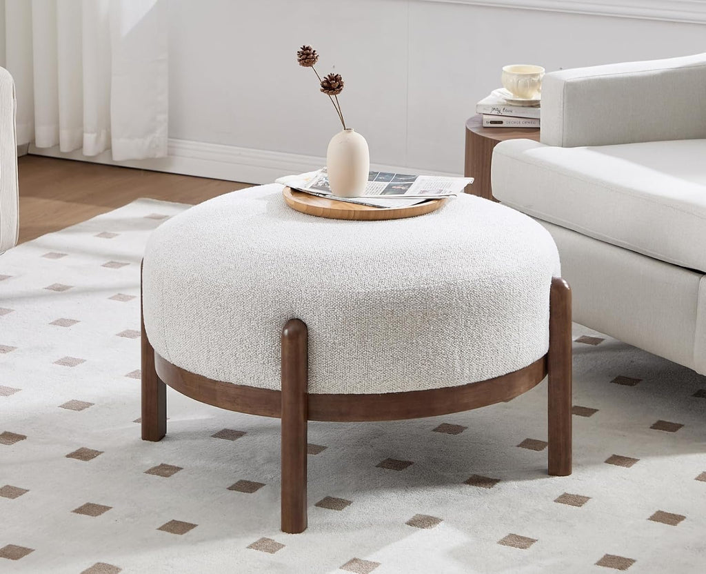 Beige Linen Round Ottoman