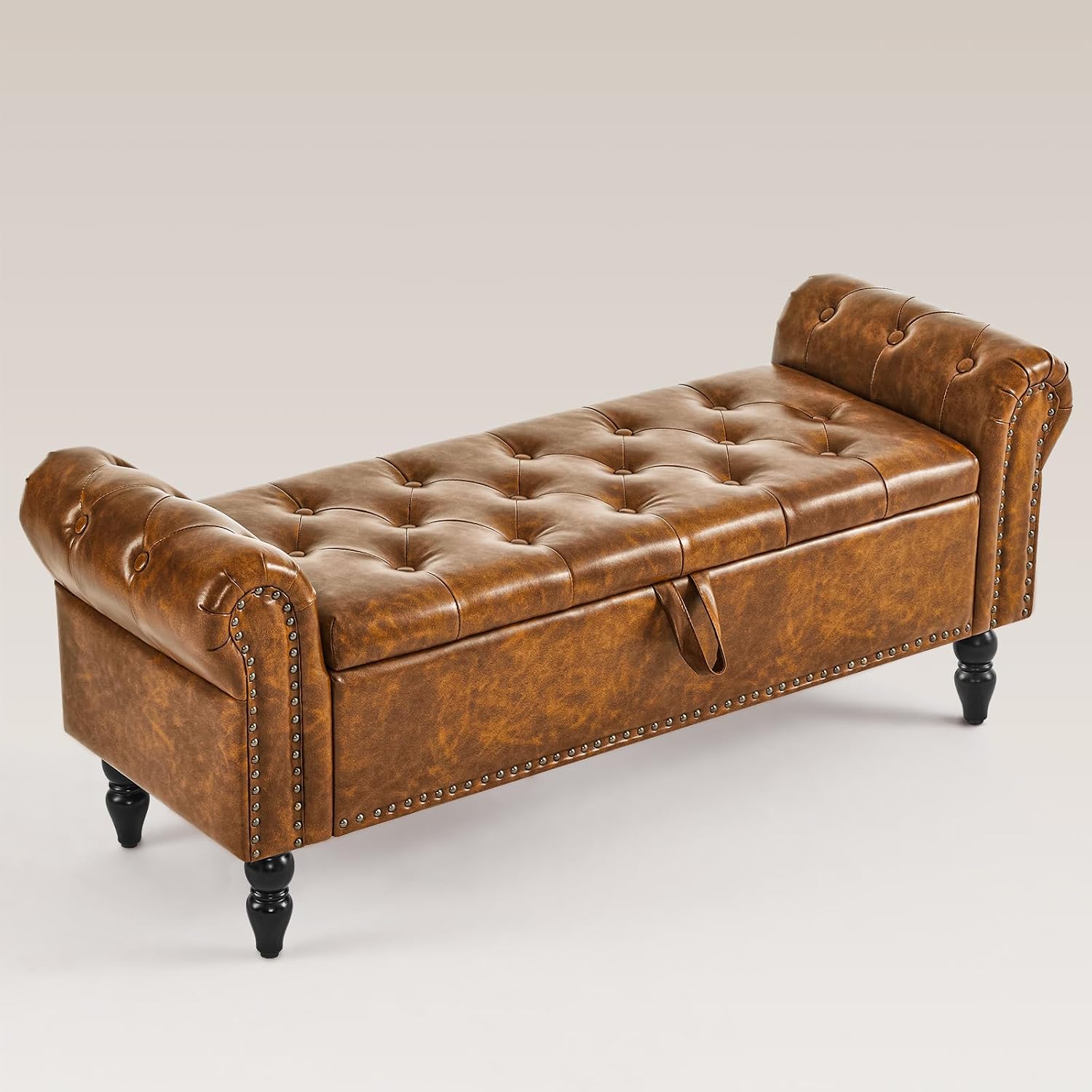 Leather Armrest Storage Ottoman Bench