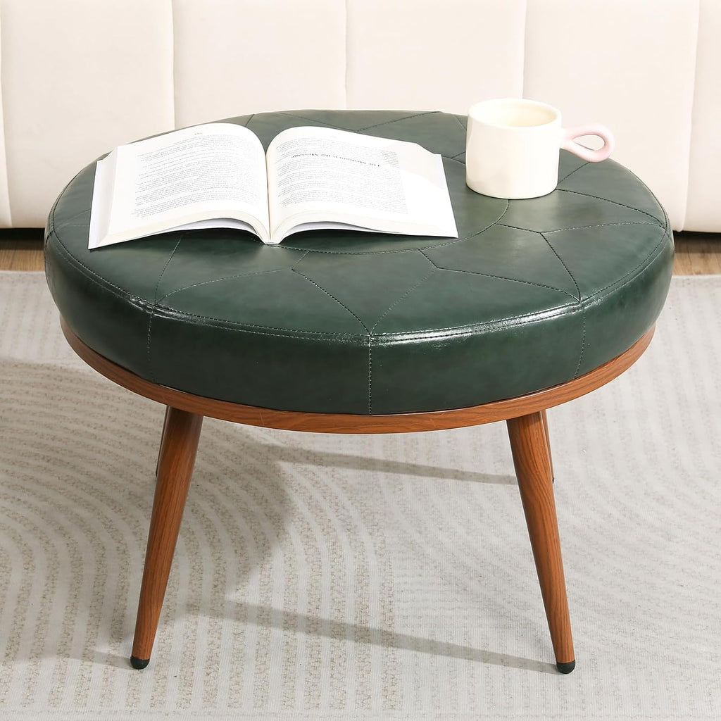 Green Faux Leather Round Ottoman
