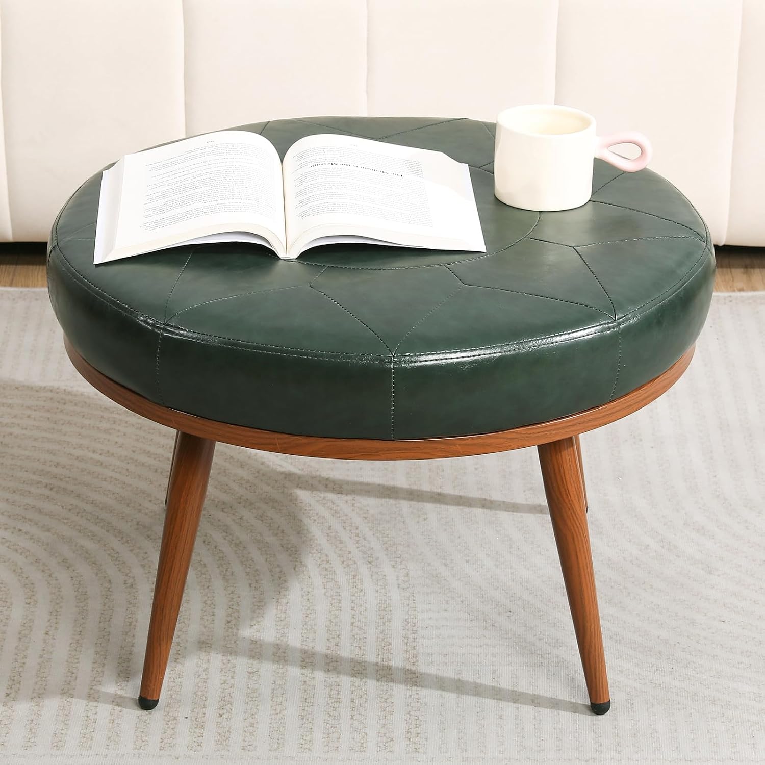 Green Faux Leather Round Ottoman