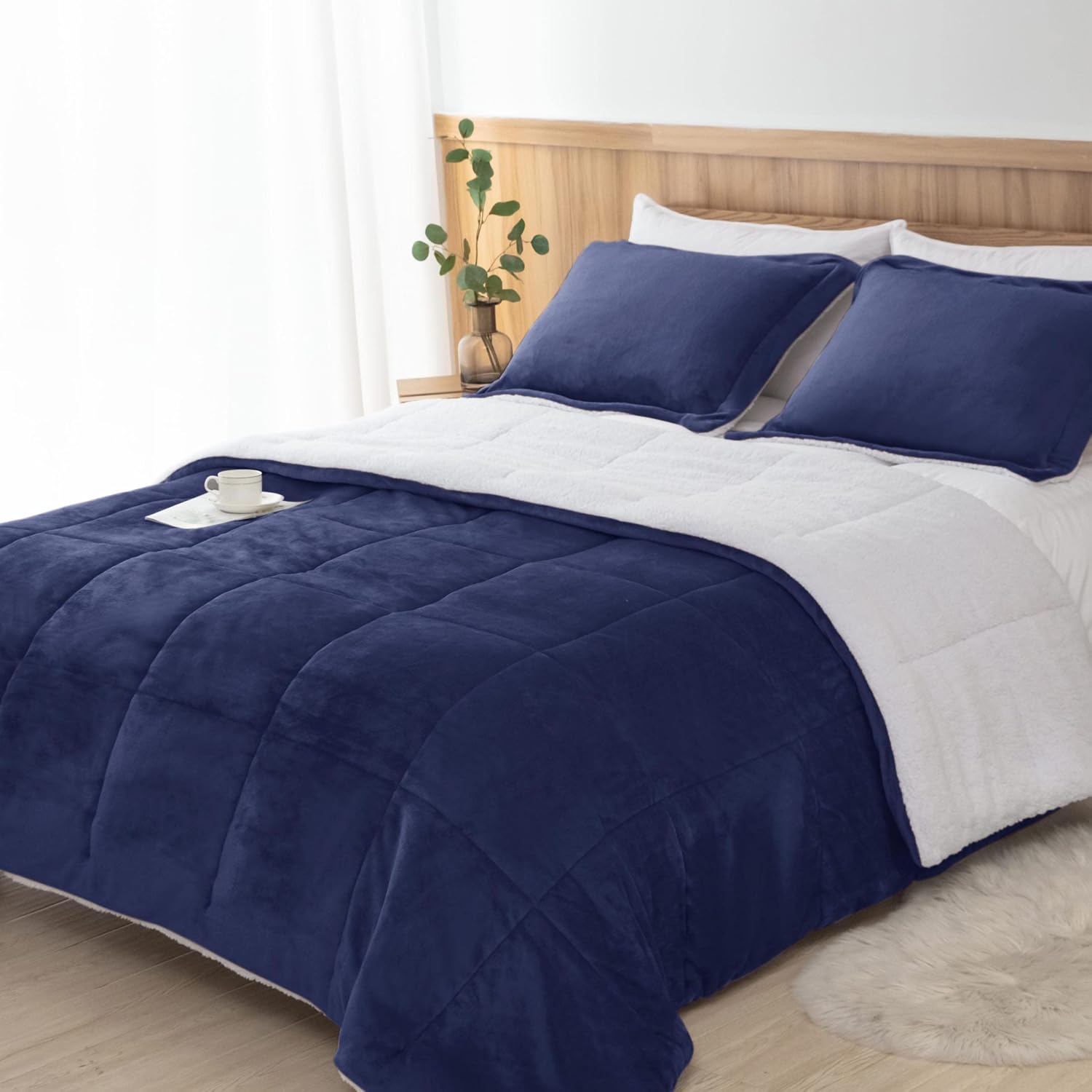 Navy Blue Sherpa Bedding Set