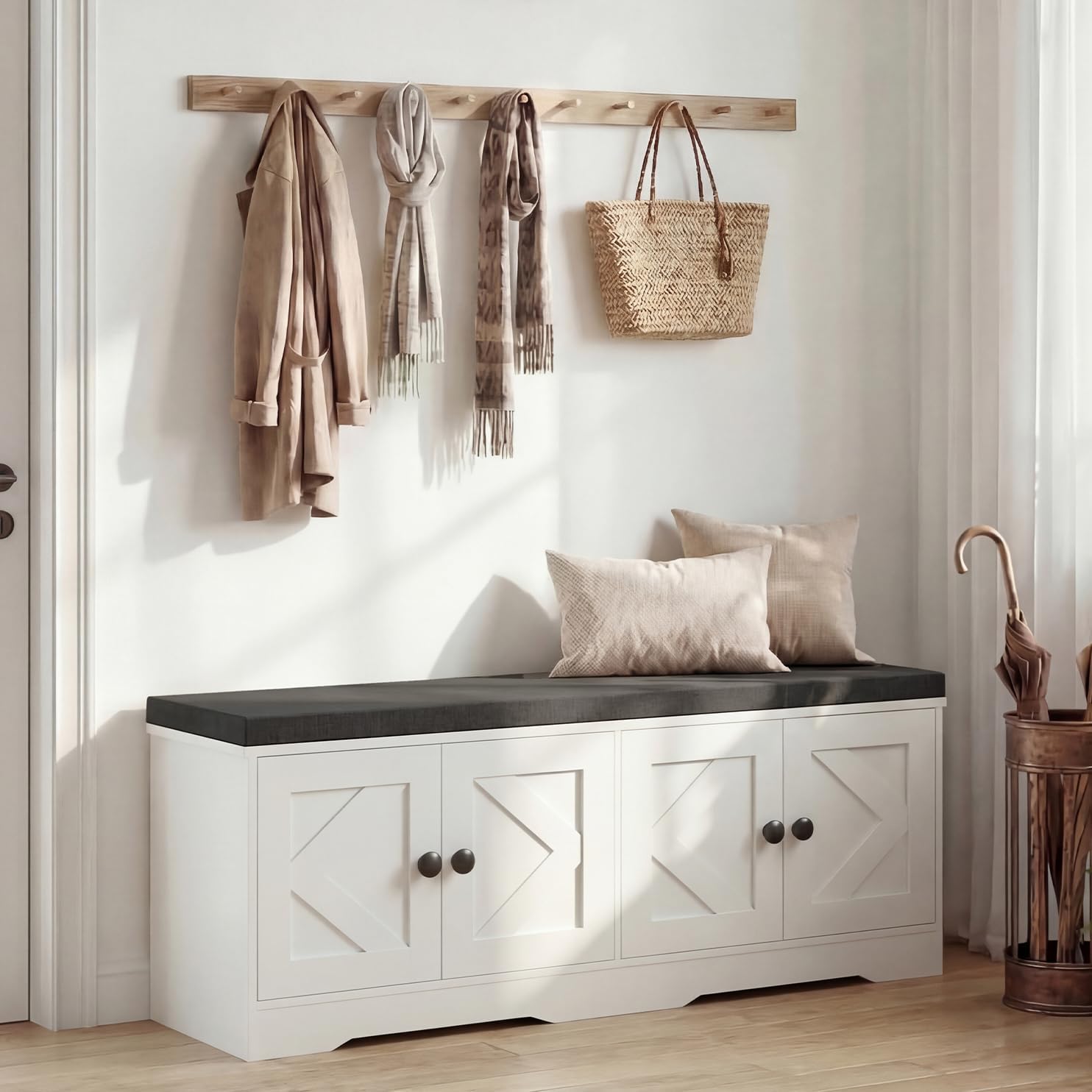 Beige Cushioned Entryway Storage Bench