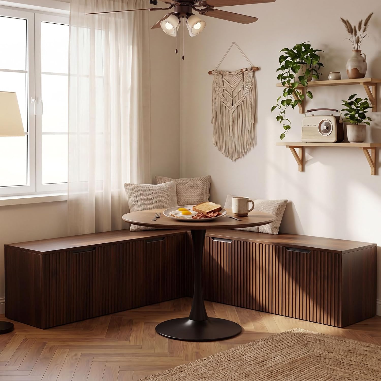 Walnut L-Shaped Corner Storage Bench
