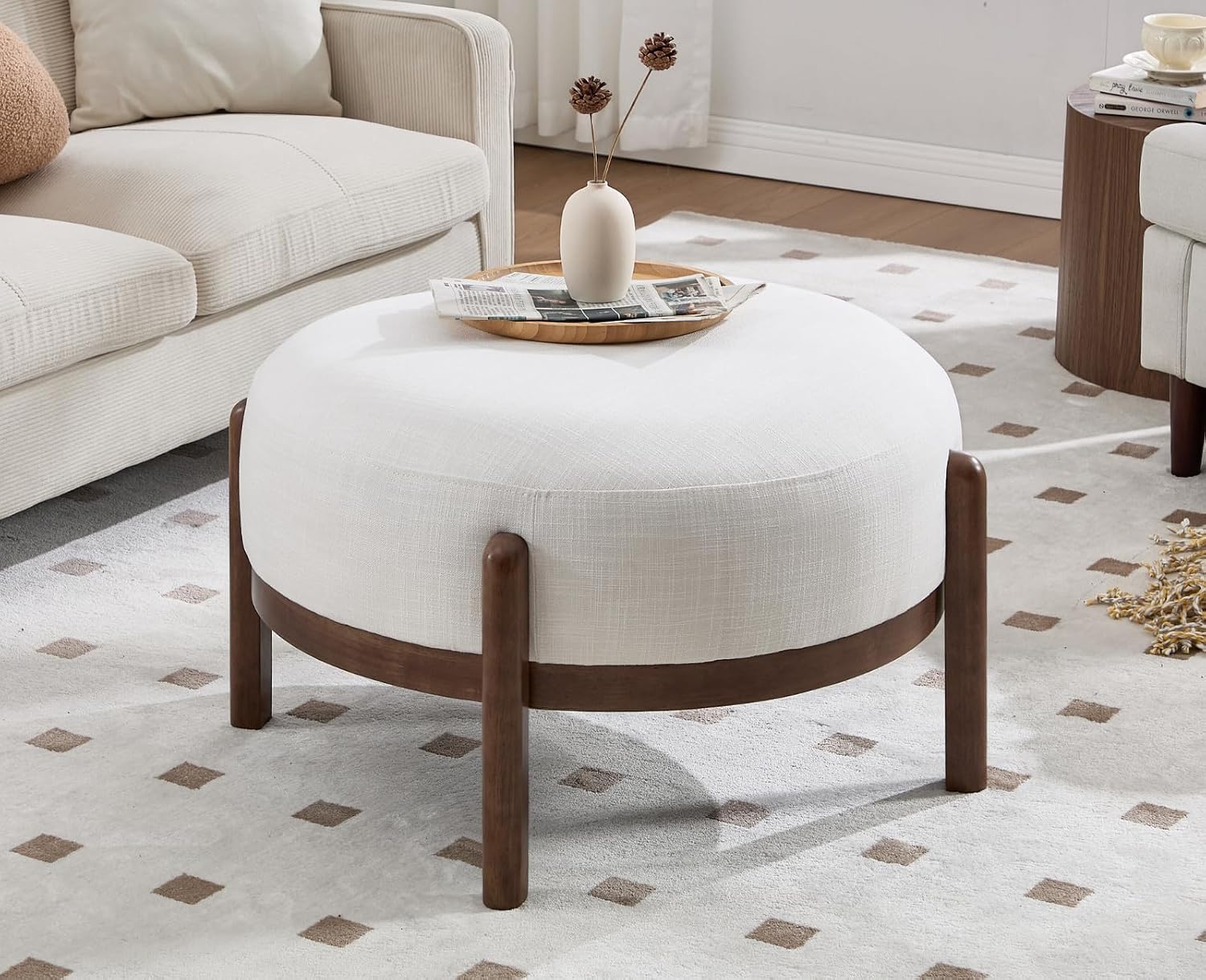 Beige Linen Round Ottoman