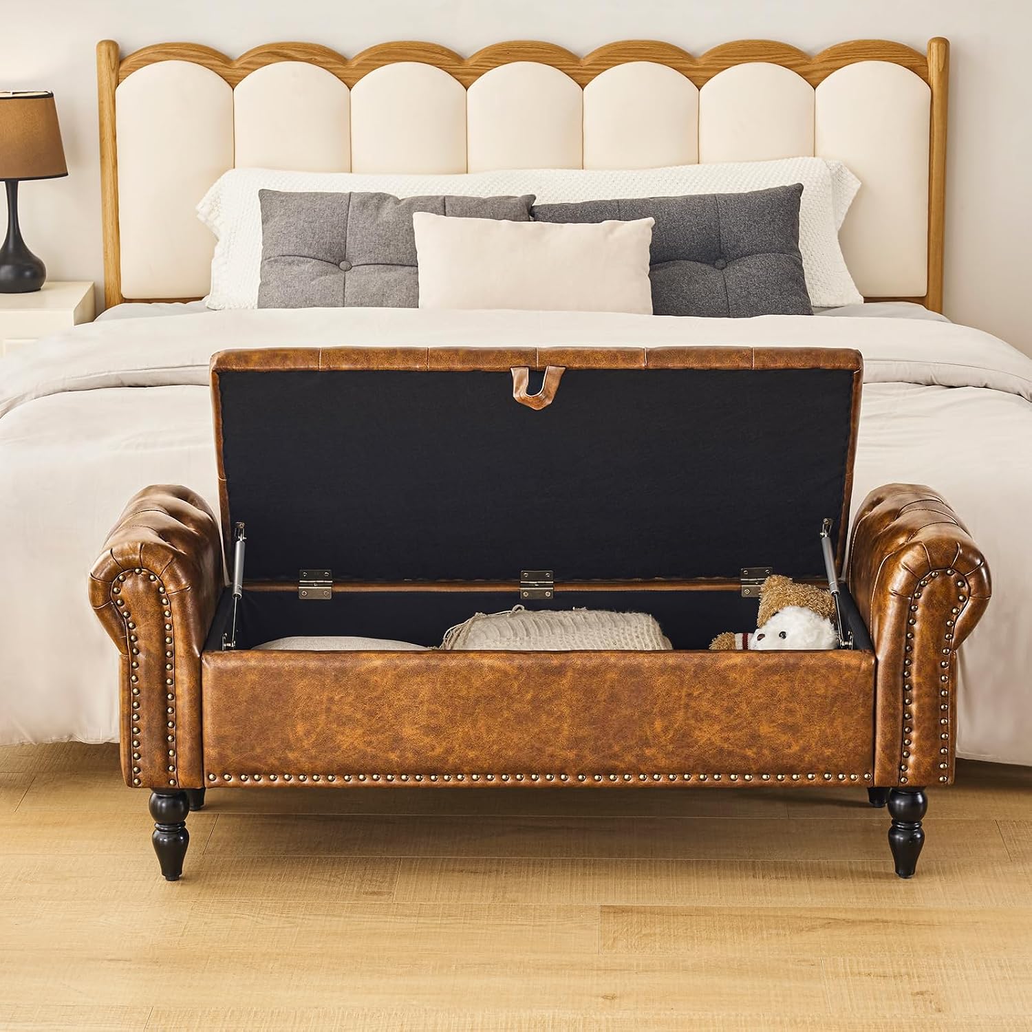 Leather Armrest Storage Ottoman Bench
