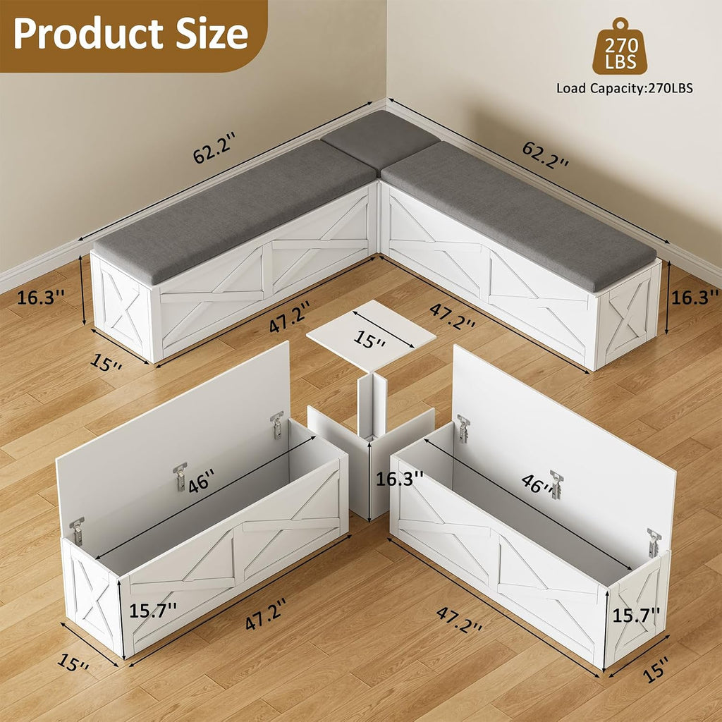 White Cushioned L-Shaped Storage Bench