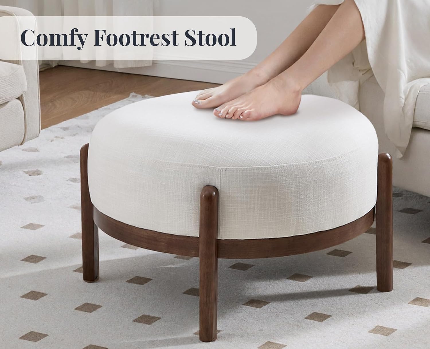 Beige Linen Round Ottoman