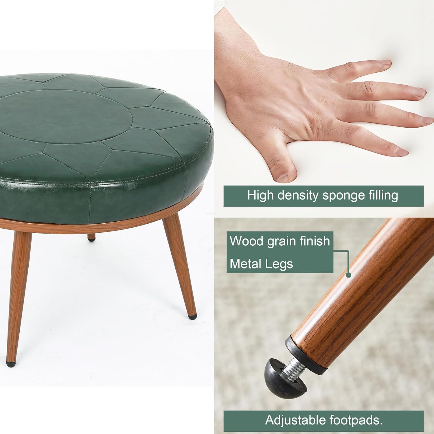 Green Faux Leather Round Ottoman