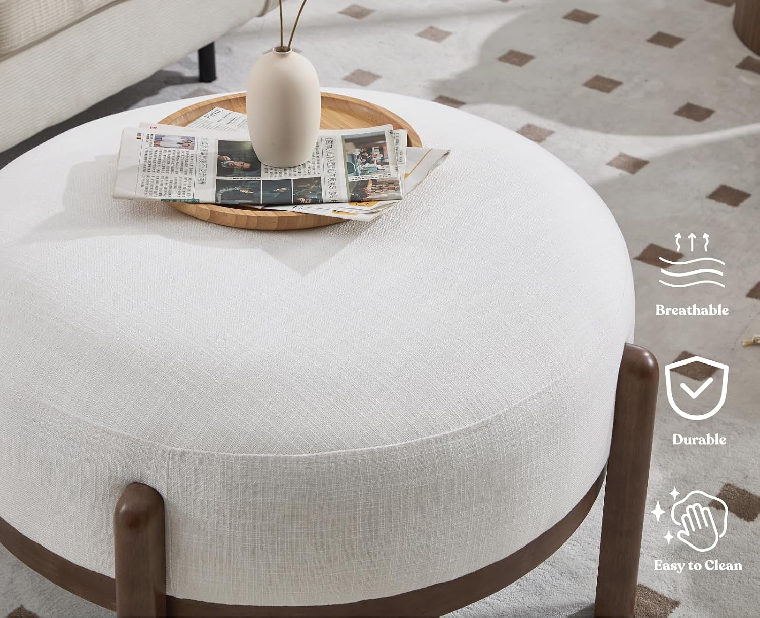 Beige Linen Round Ottoman