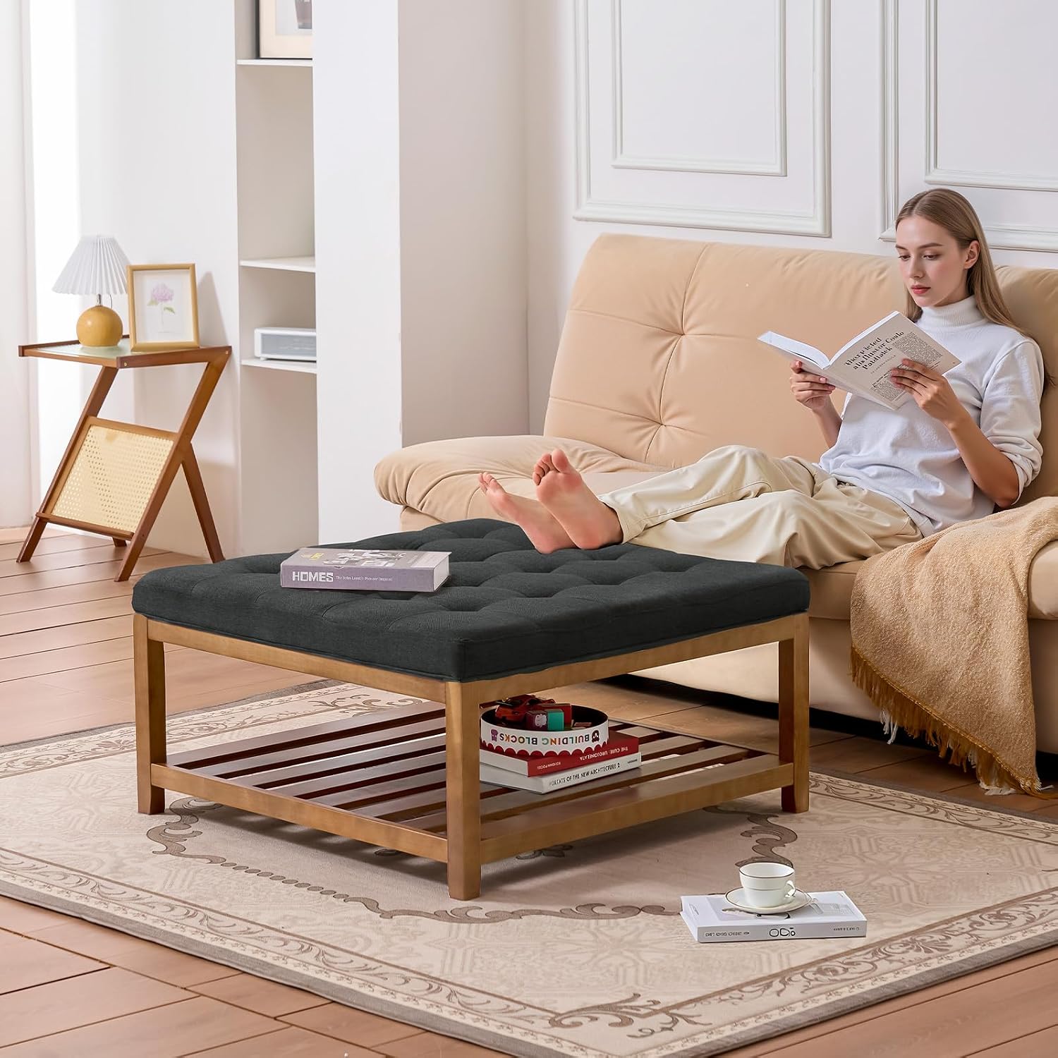 Dark Grey Linen Storage Ottoman