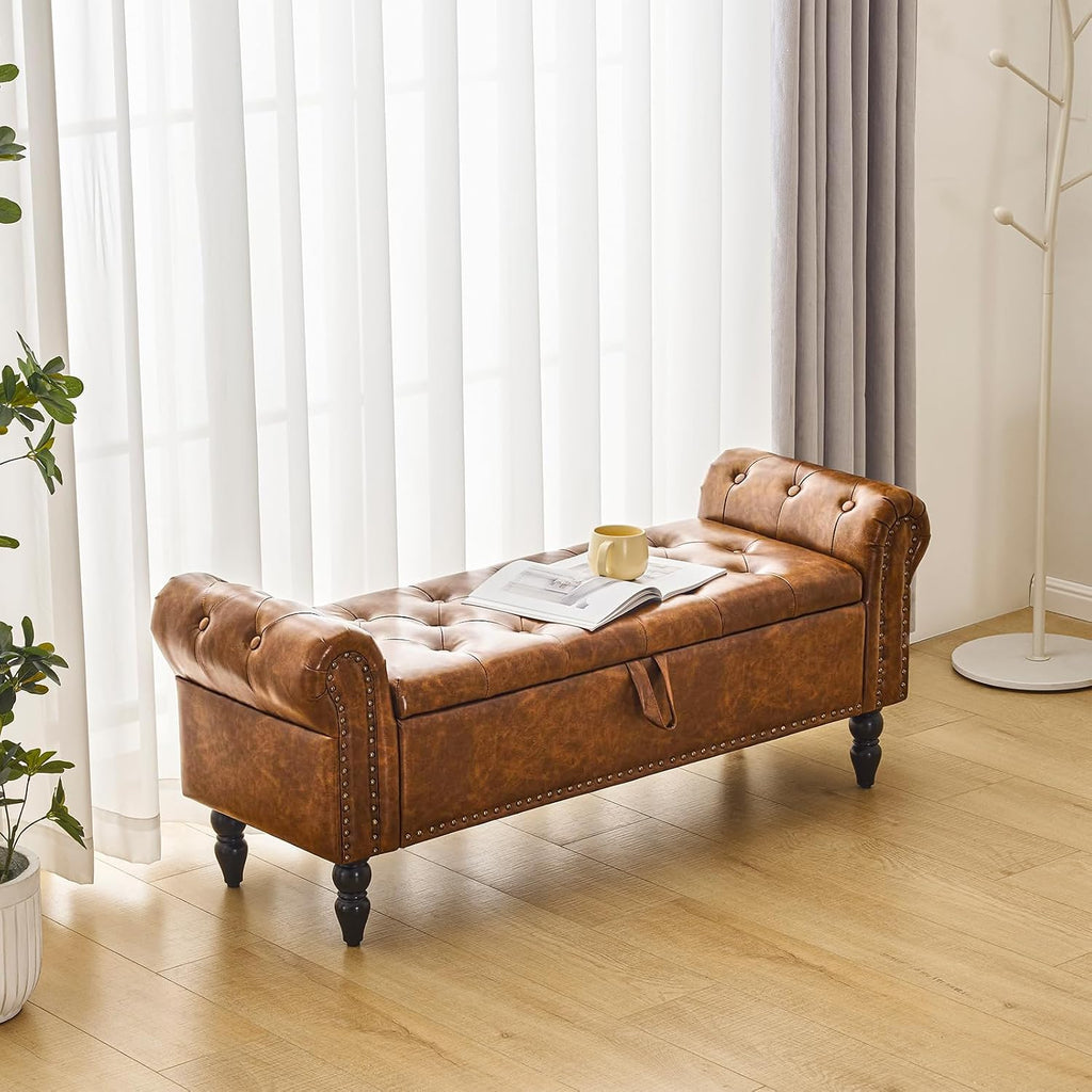 Leather Armrest Storage Ottoman Bench