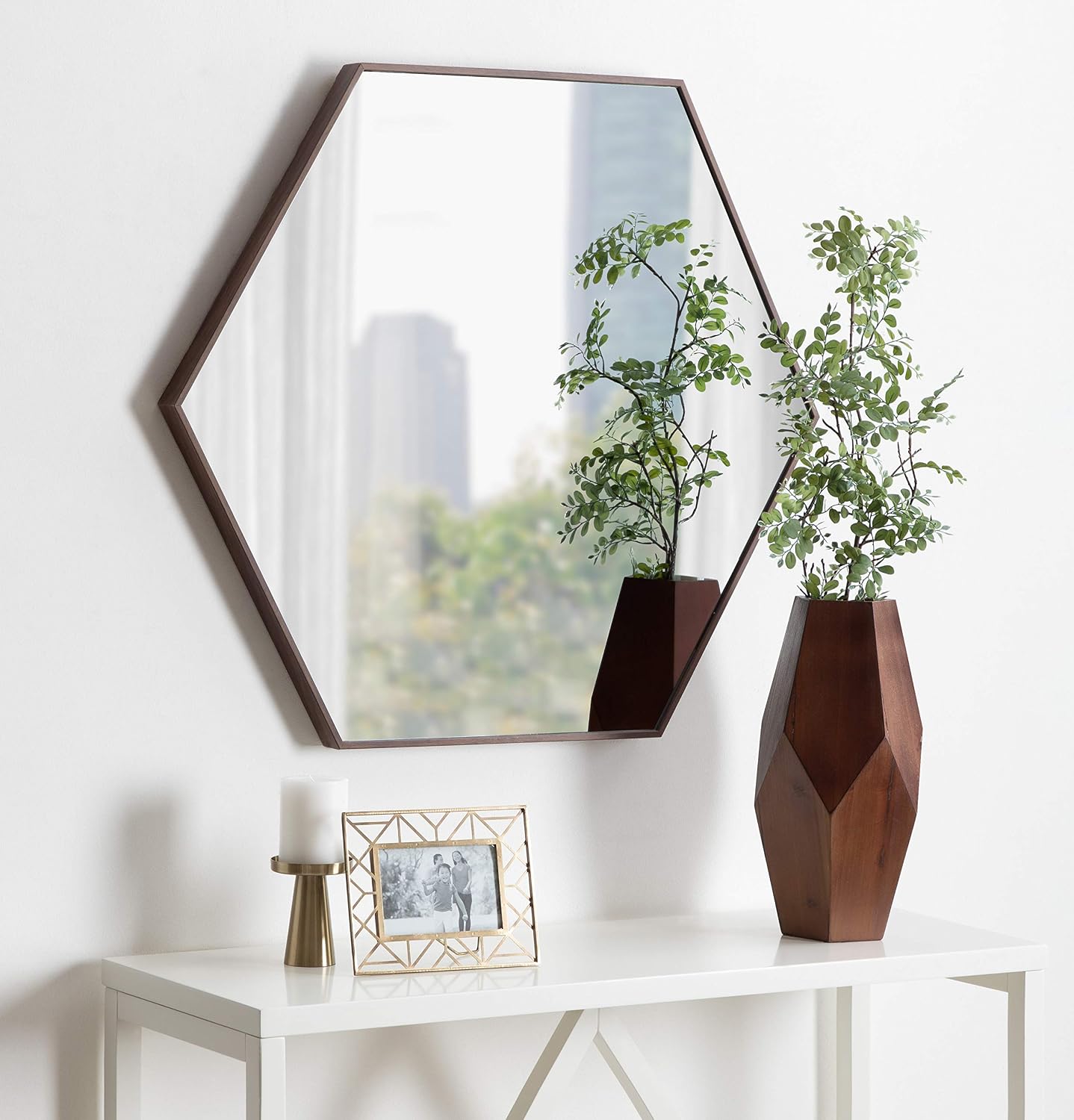 Hexagon Walnut Framed Wall Mirror