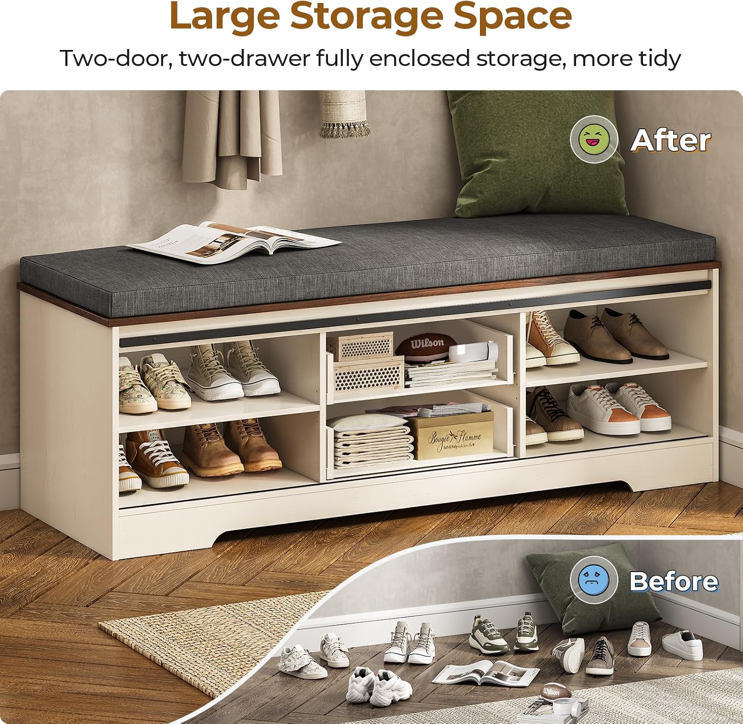 White Brown Drawer Cushioned Storage Bench