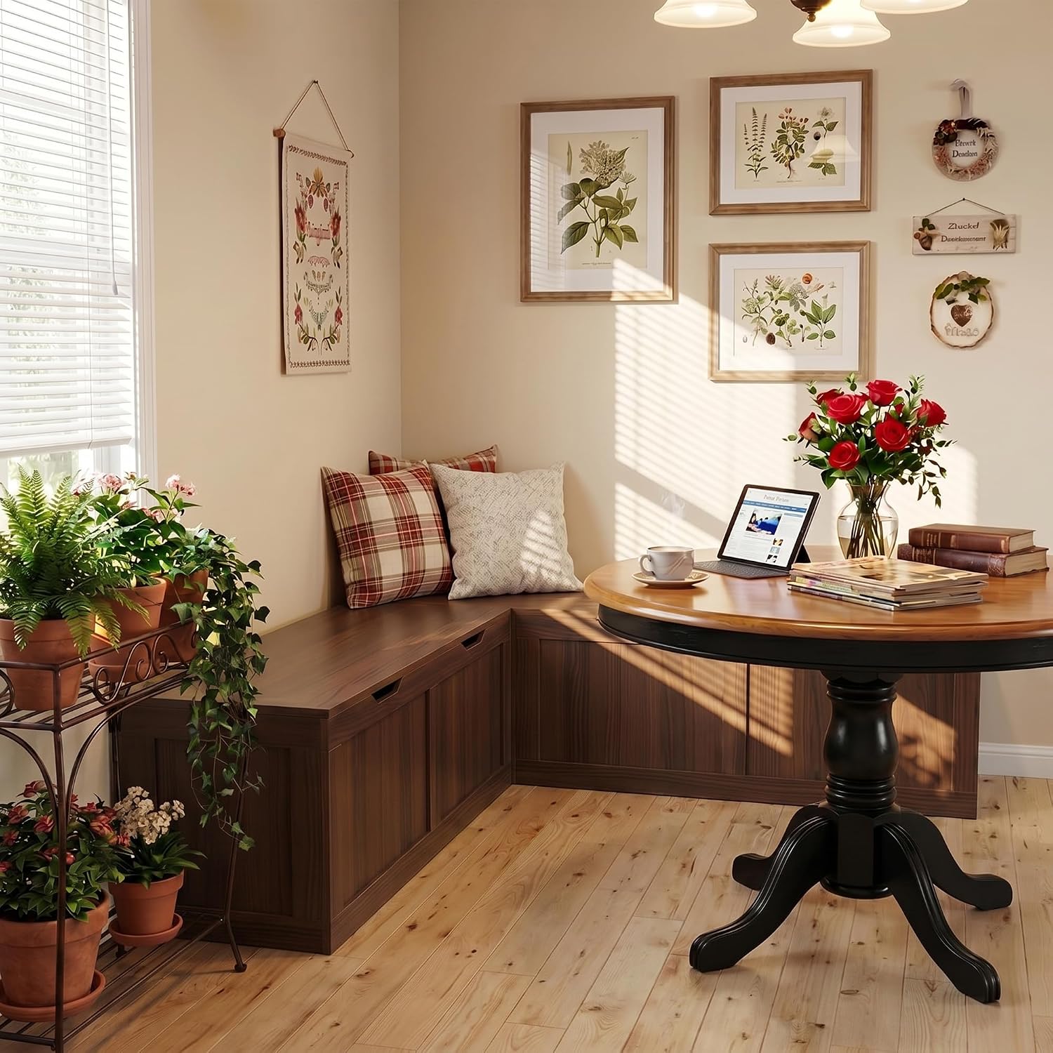 Walnut L-Shaped Storage Dining Bench