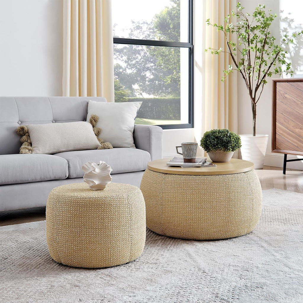Natural Round Storage Ottoman Set