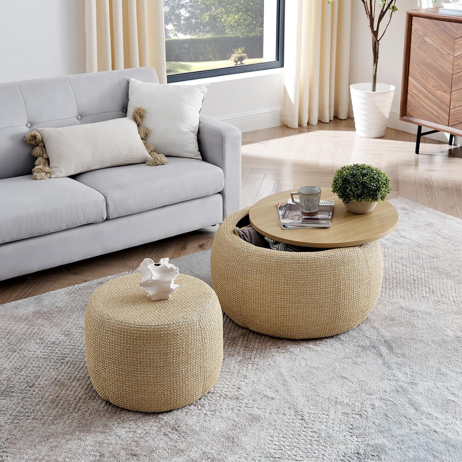 Natural Round Storage Ottoman Set