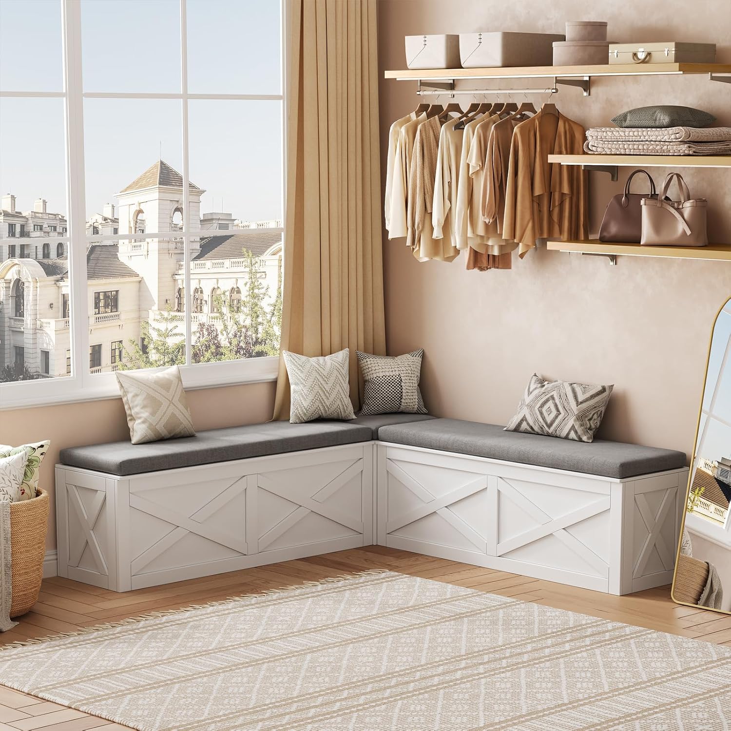 White Cushioned L-Shaped Storage Bench