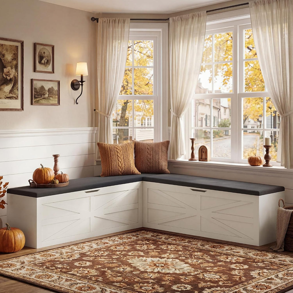 Beige L-Shaped Cushioned Dining Bench