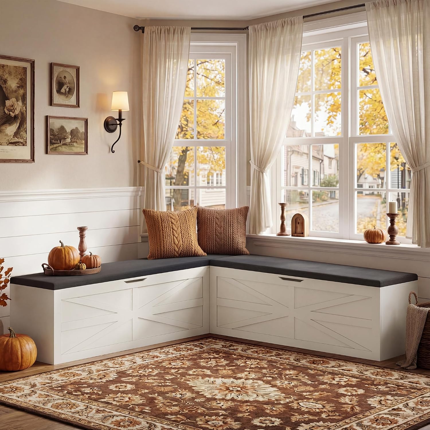 Beige L-Shaped Cushioned Dining Bench