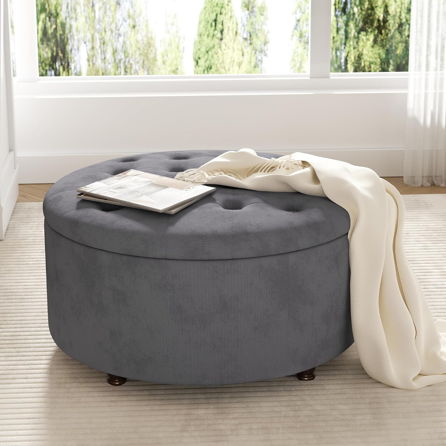 Grey Round Storage Ottoman