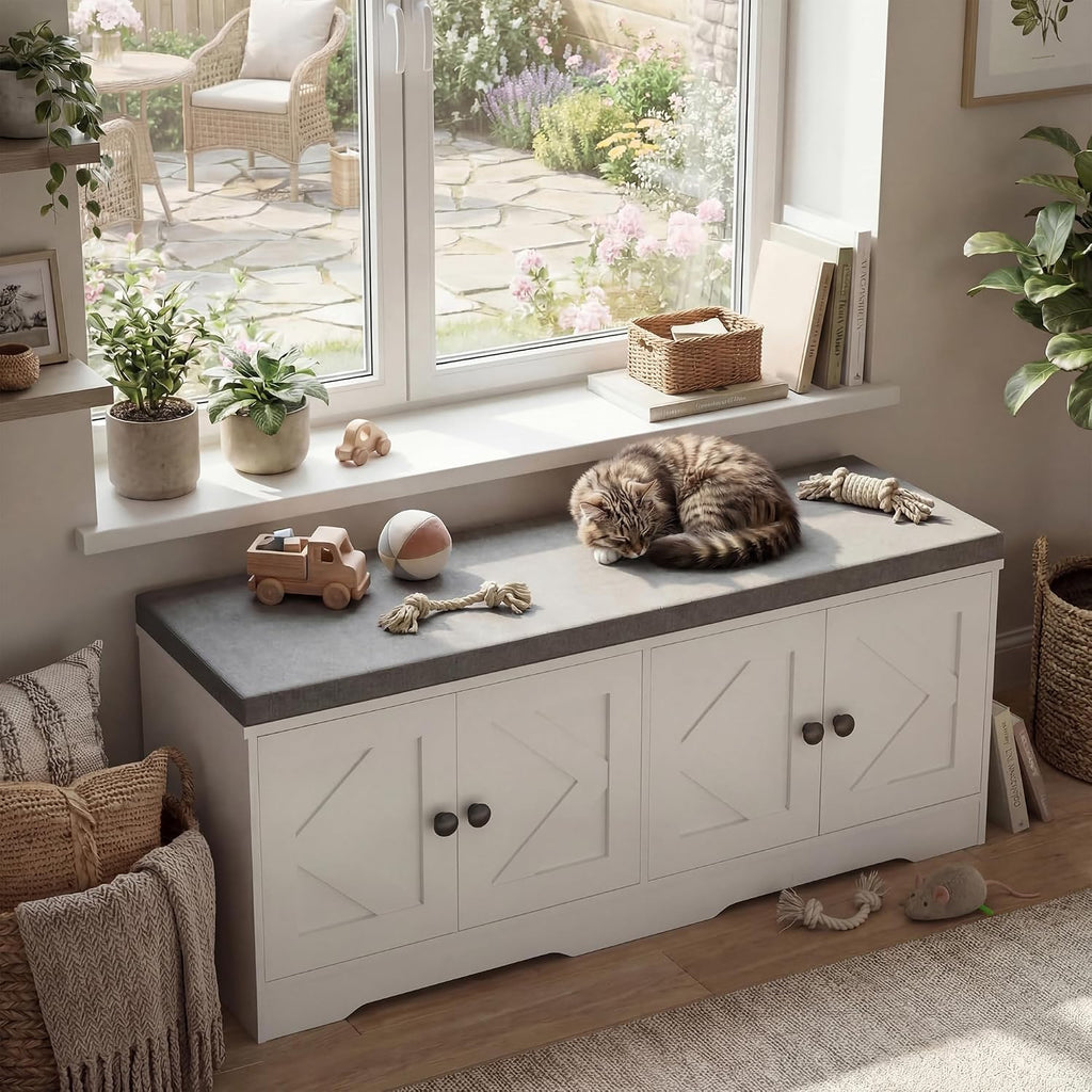 Beige Cushioned Entryway Storage Bench