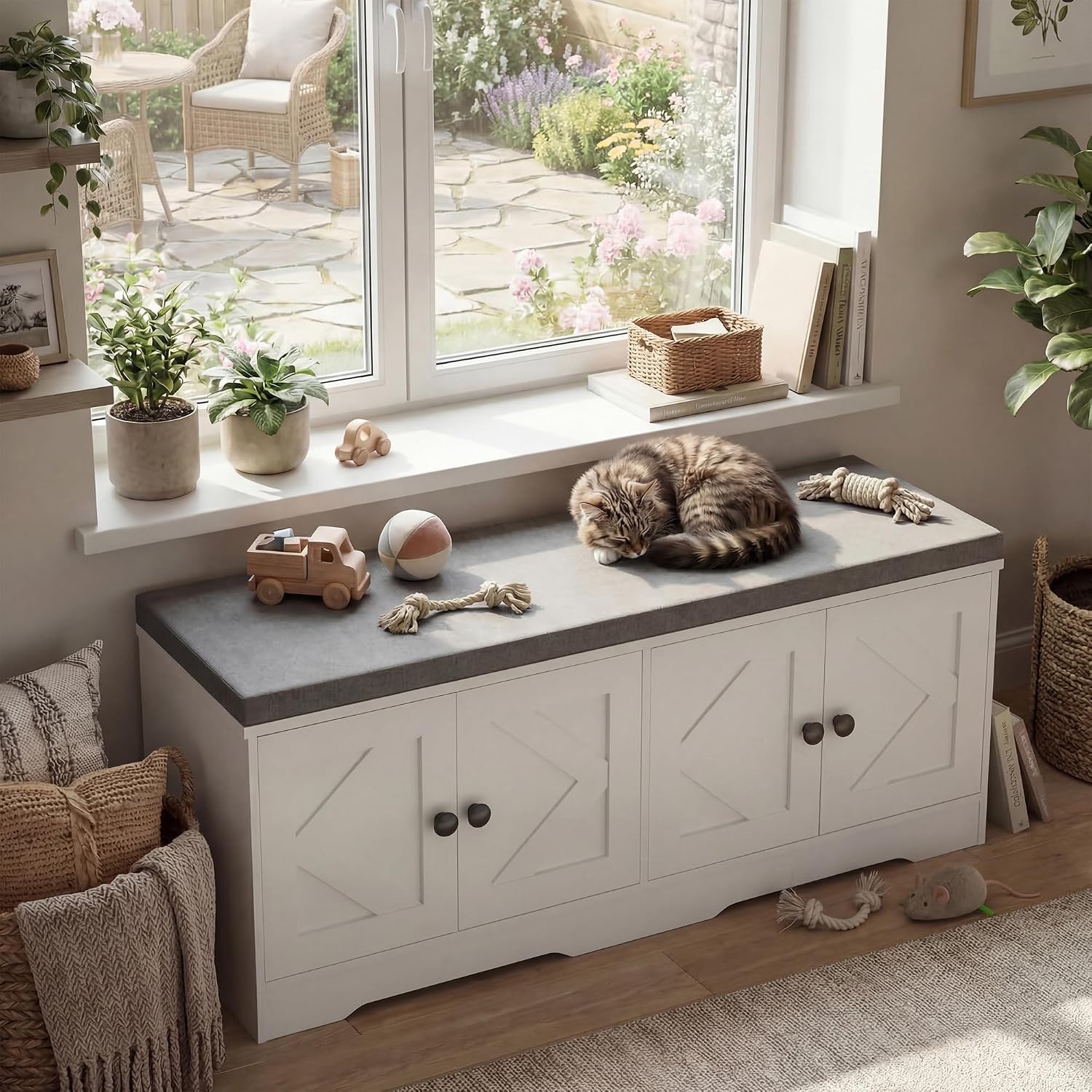 Beige Cushioned Entryway Storage Bench