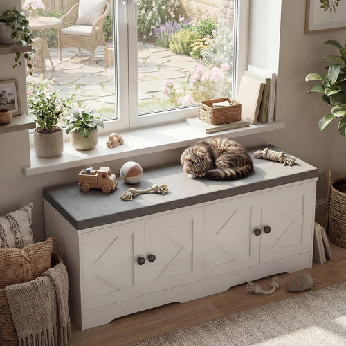 Beige Cushioned Entryway Storage Bench