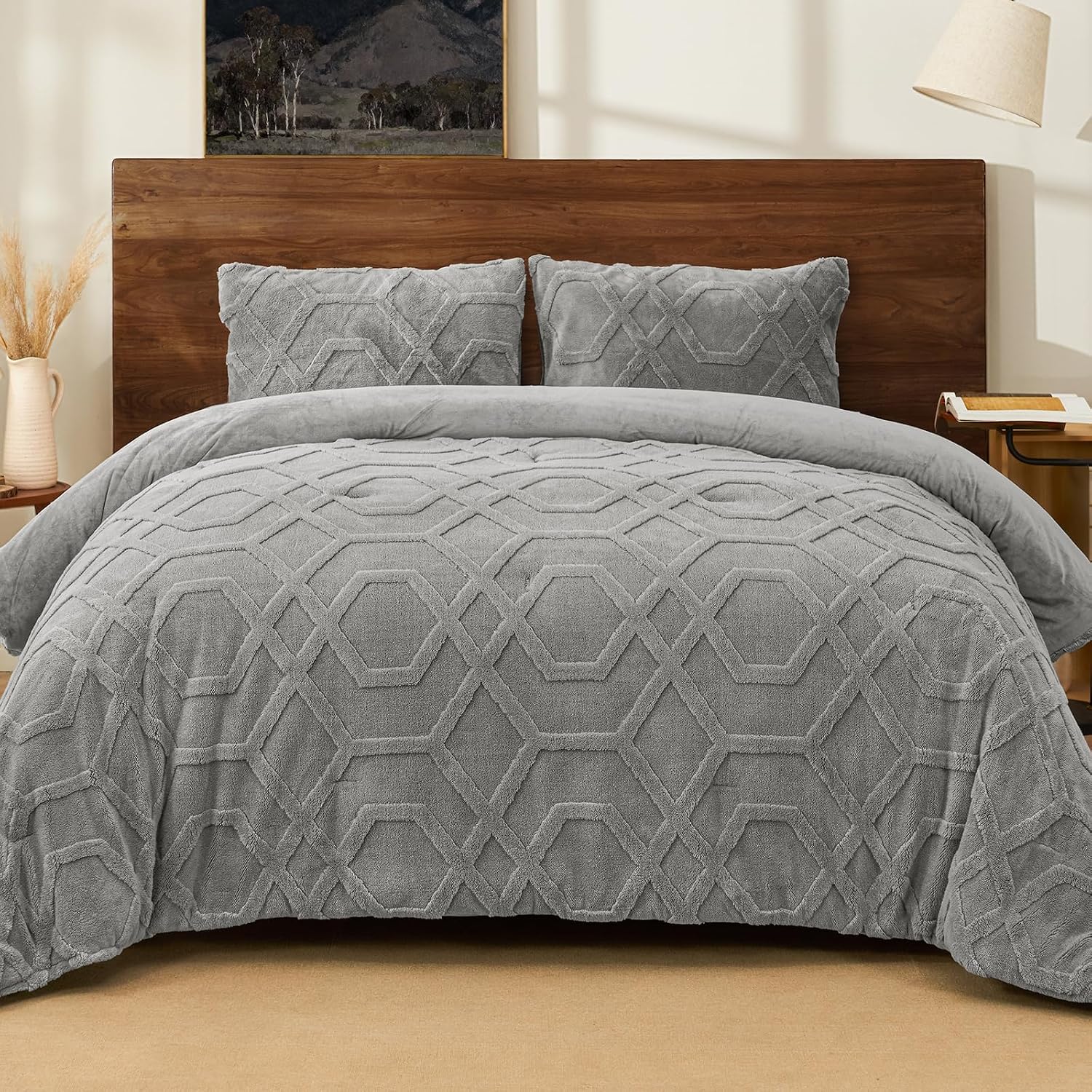 Grey Fluffy Sherpa Bedding Set
