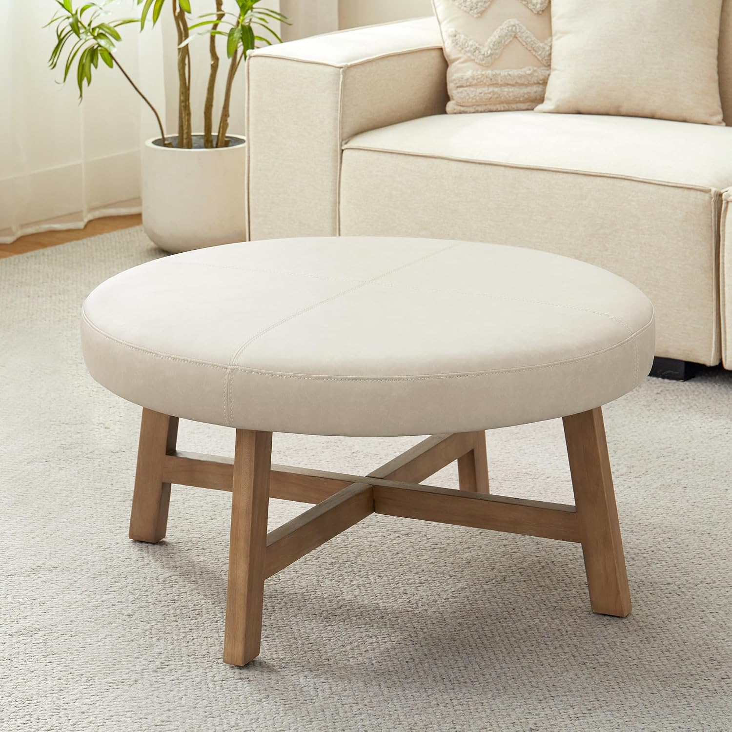 Beige Leather Round Ottoman
