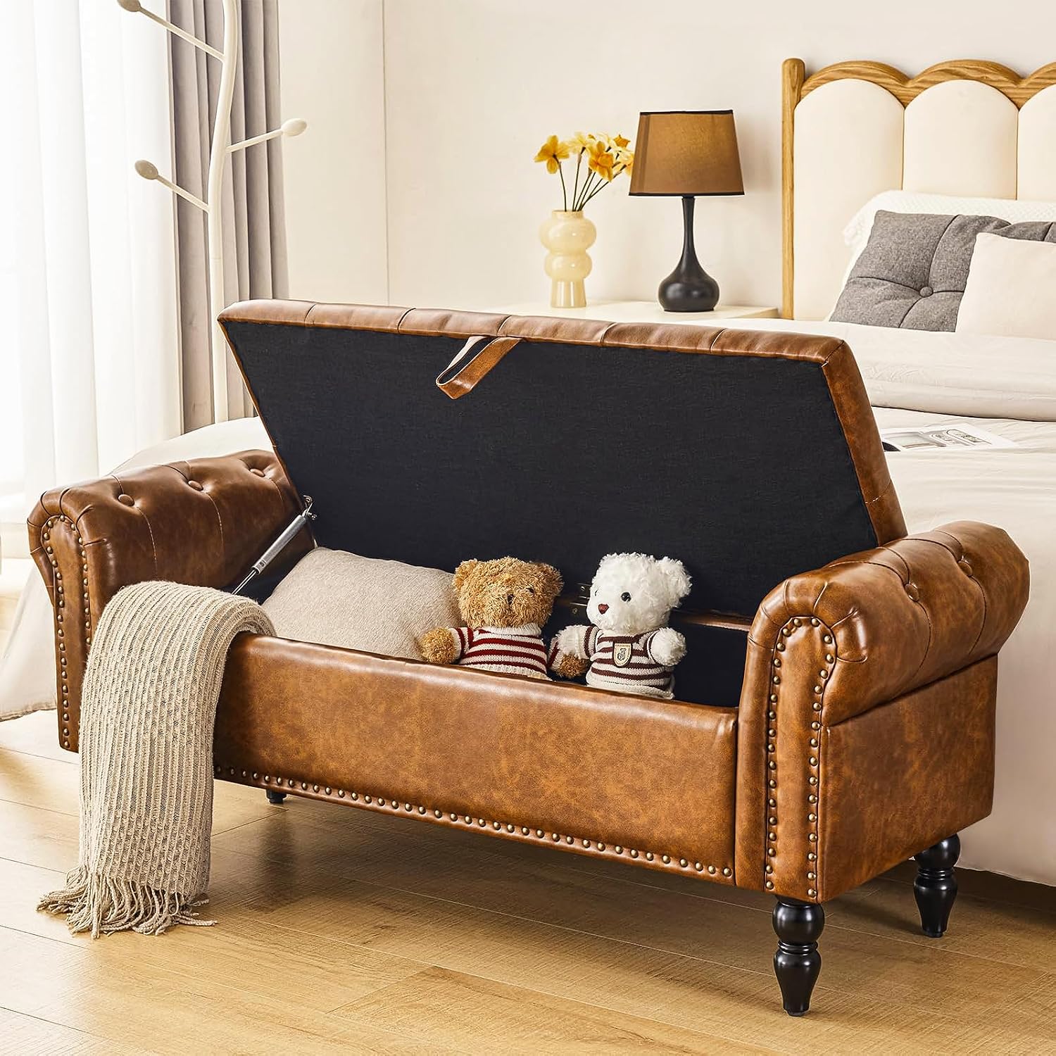 Leather Armrest Storage Ottoman Bench