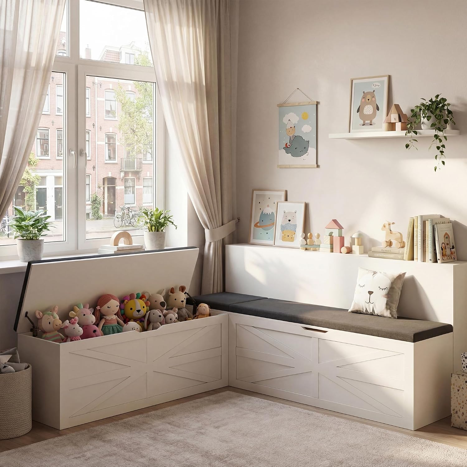 Beige L-Shaped Cushioned Dining Bench