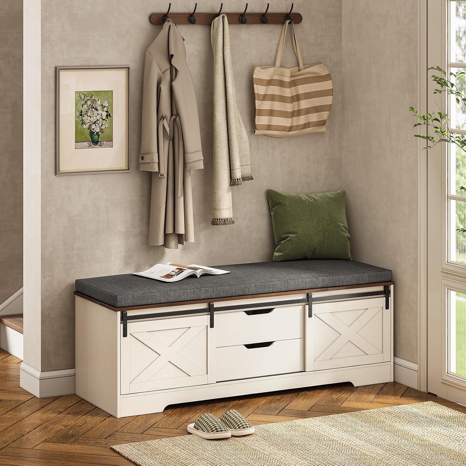 White Brown Drawer Cushioned Storage Bench