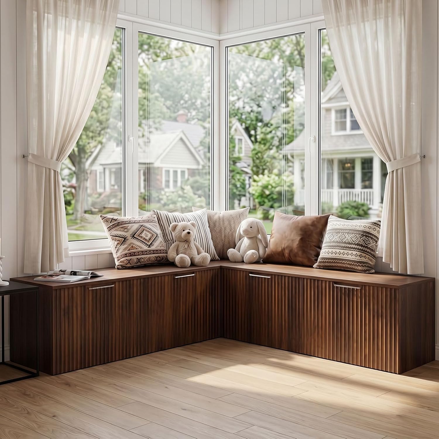 Walnut L-Shaped Corner Storage Bench