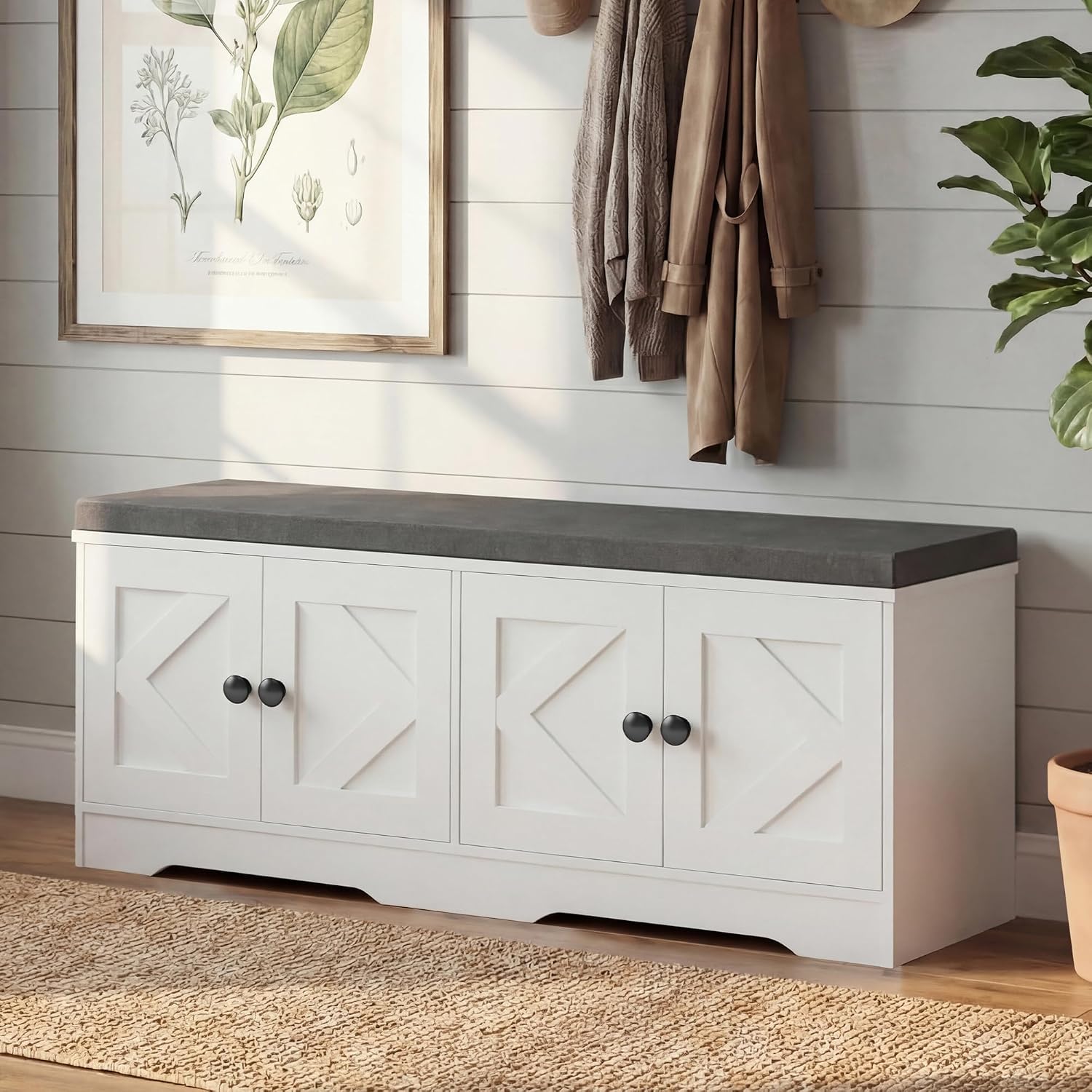 Beige Cushioned Entryway Storage Bench