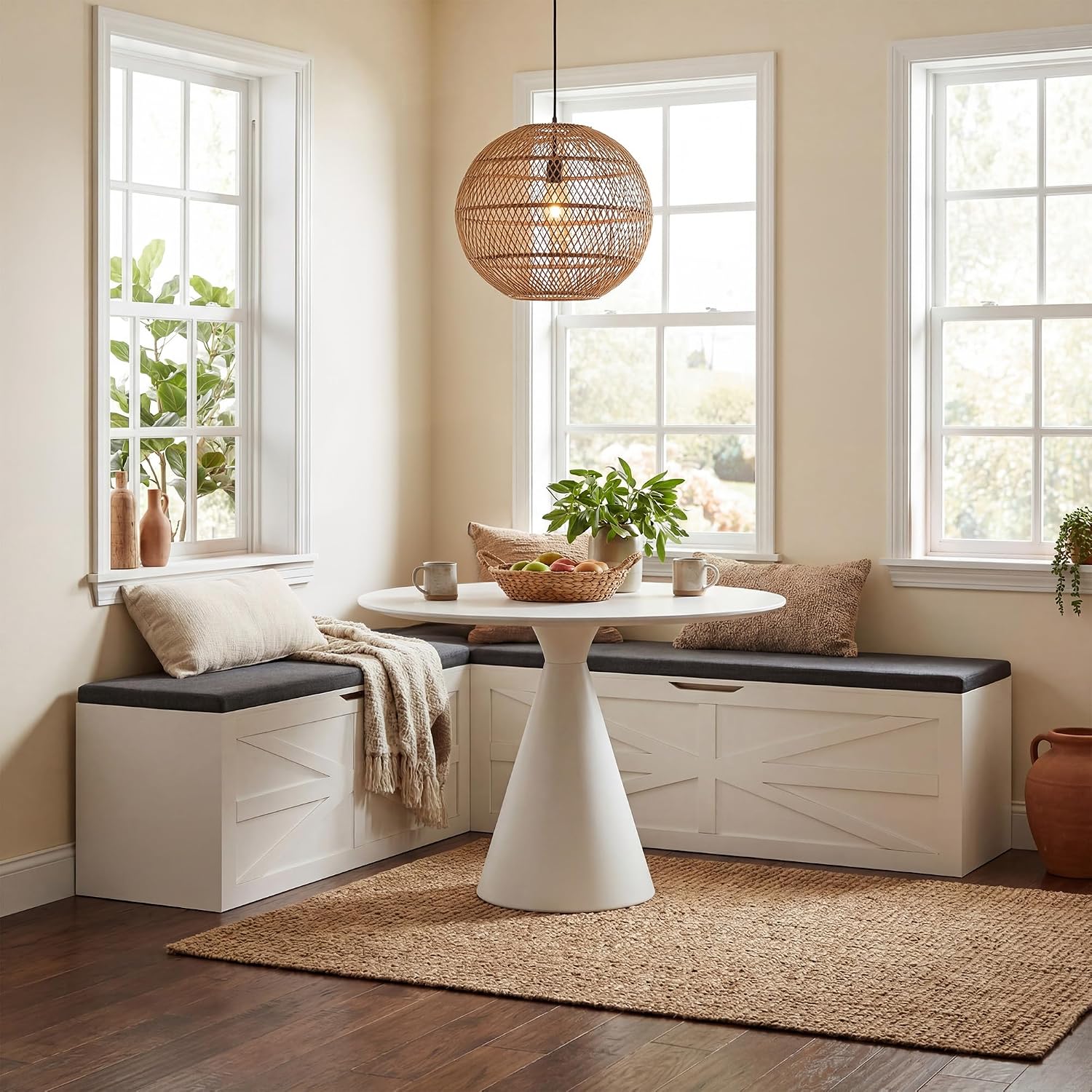 Beige L-Shaped Cushioned Dining Bench