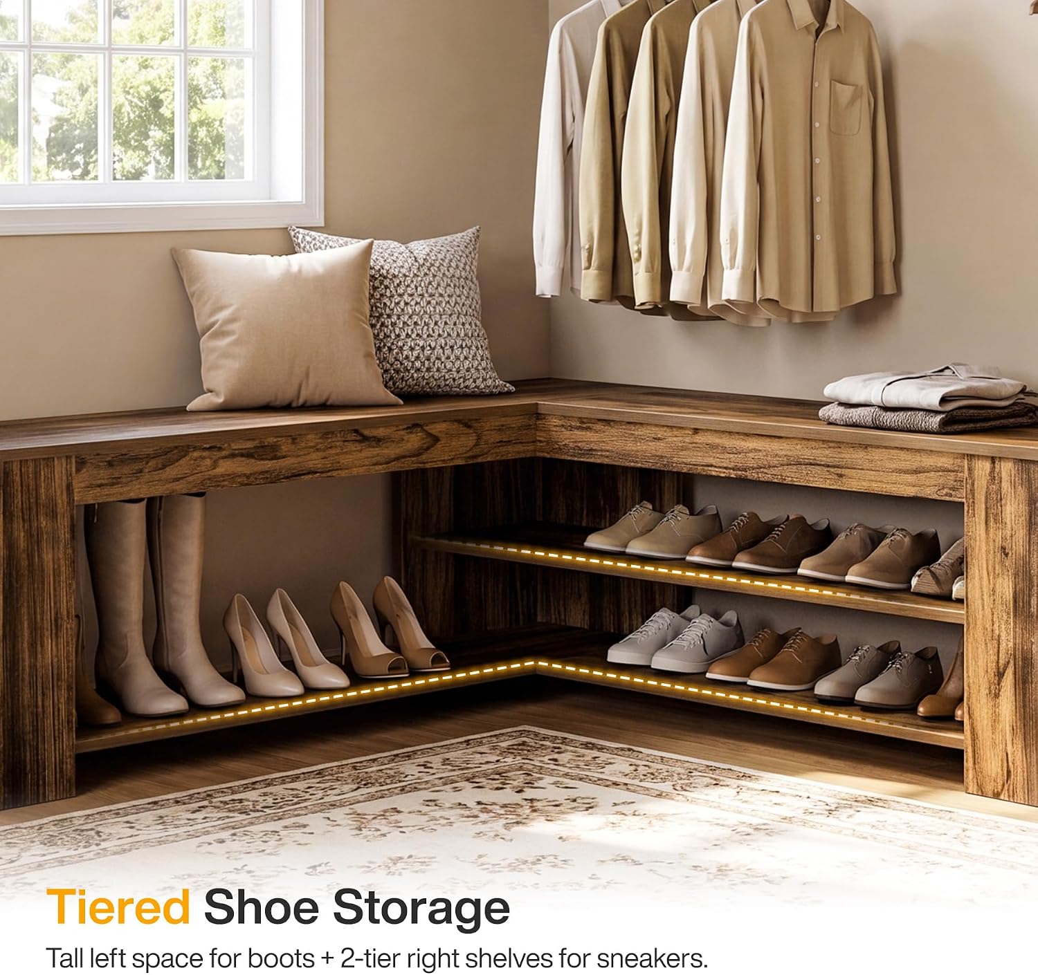 Rustic Corner Shoe Storage Bench