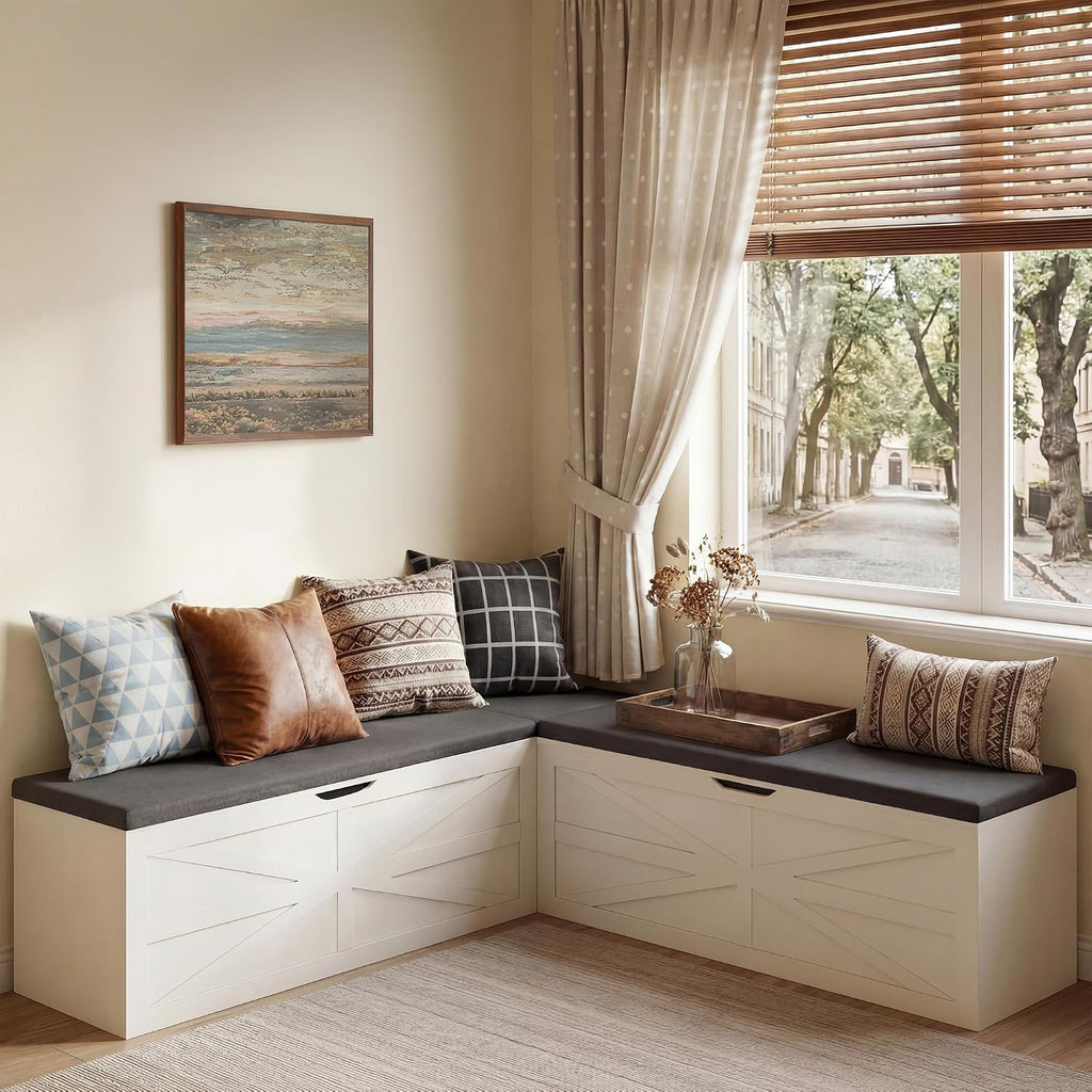 Beige L-Shaped Cushioned Dining Bench