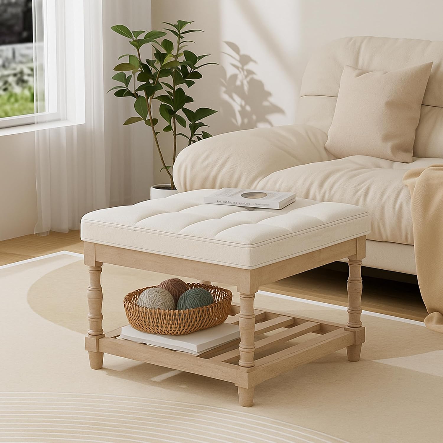 Beige Tufted Storage Ottoman