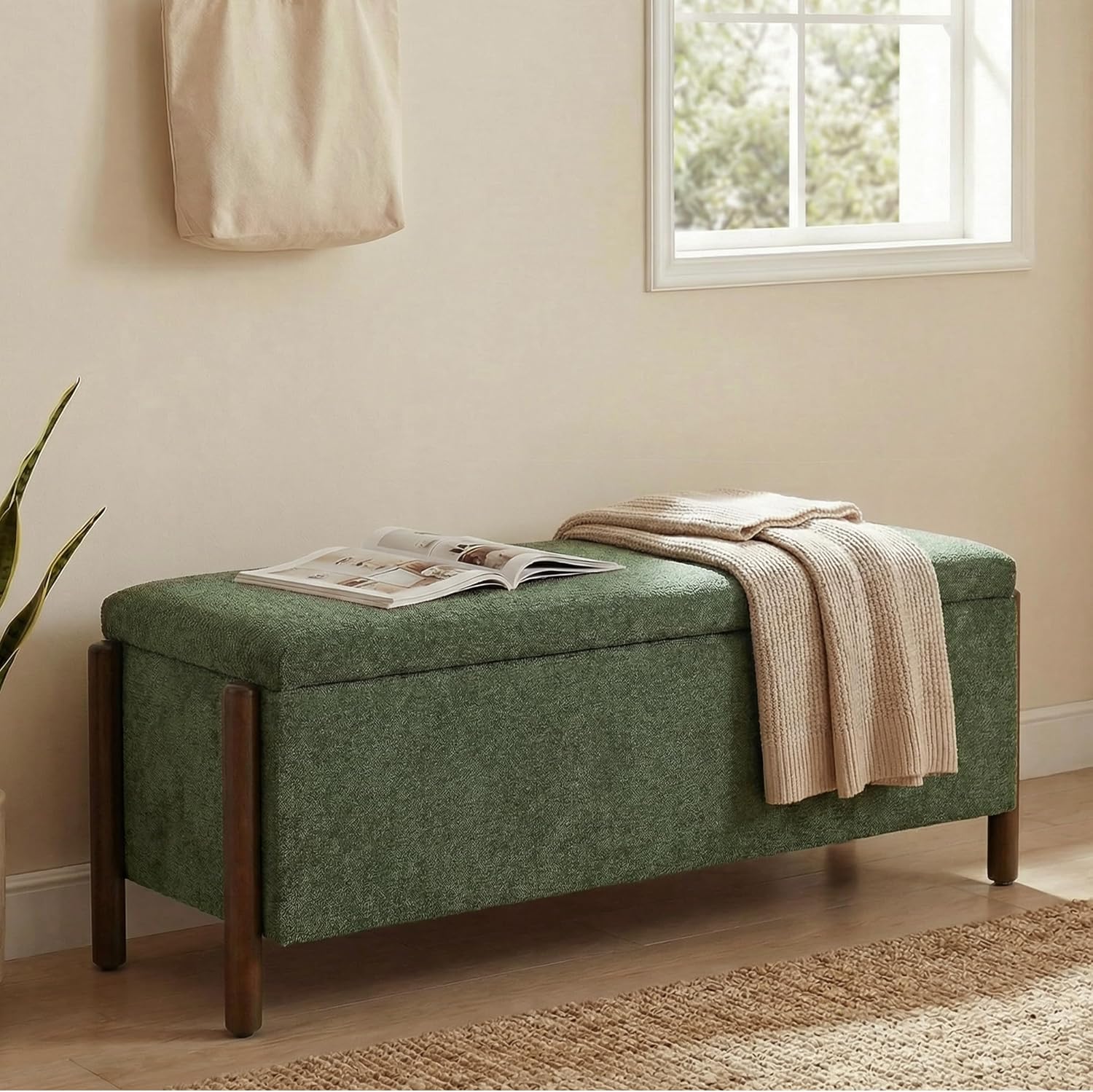 Green Fabric Wooden Storage Bench
