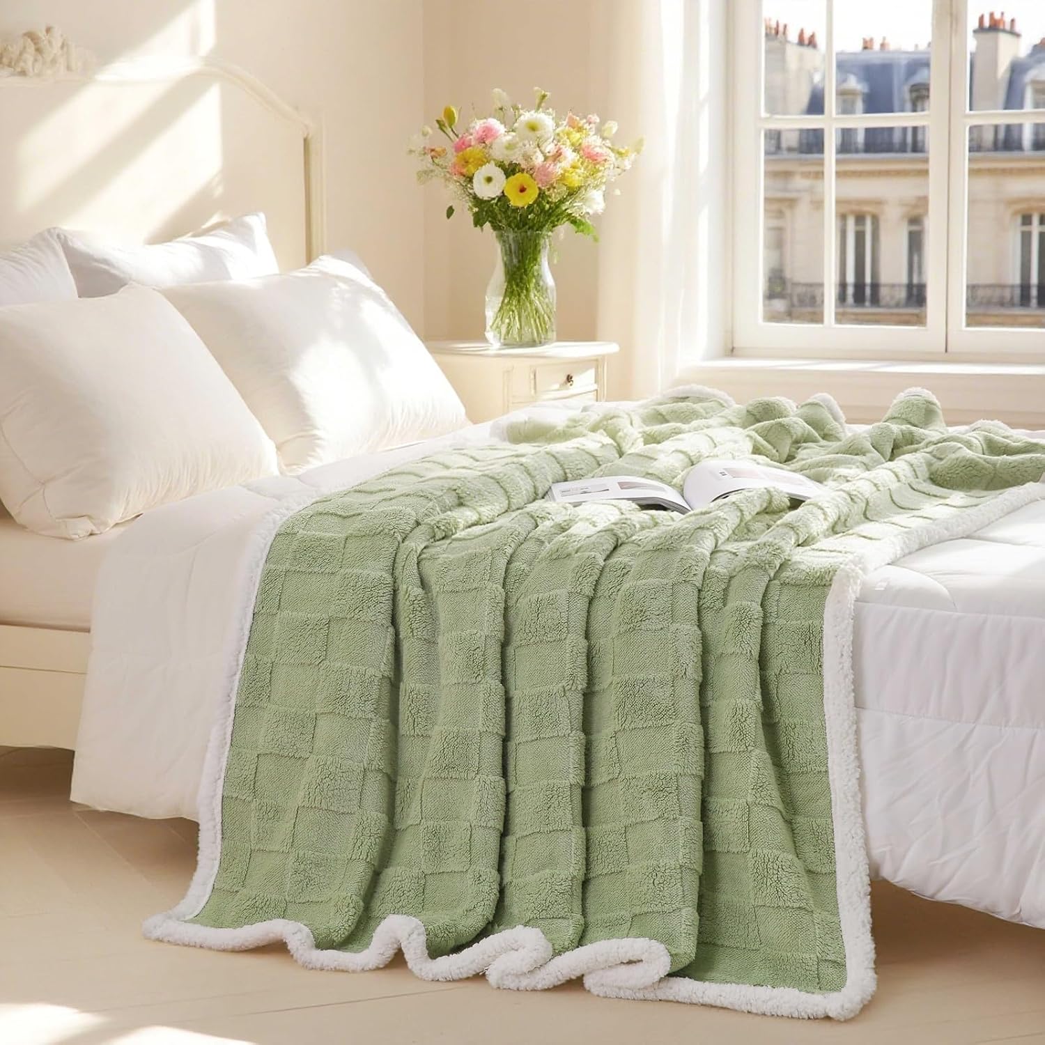 Sage Green Flannel Sherpa Blanket