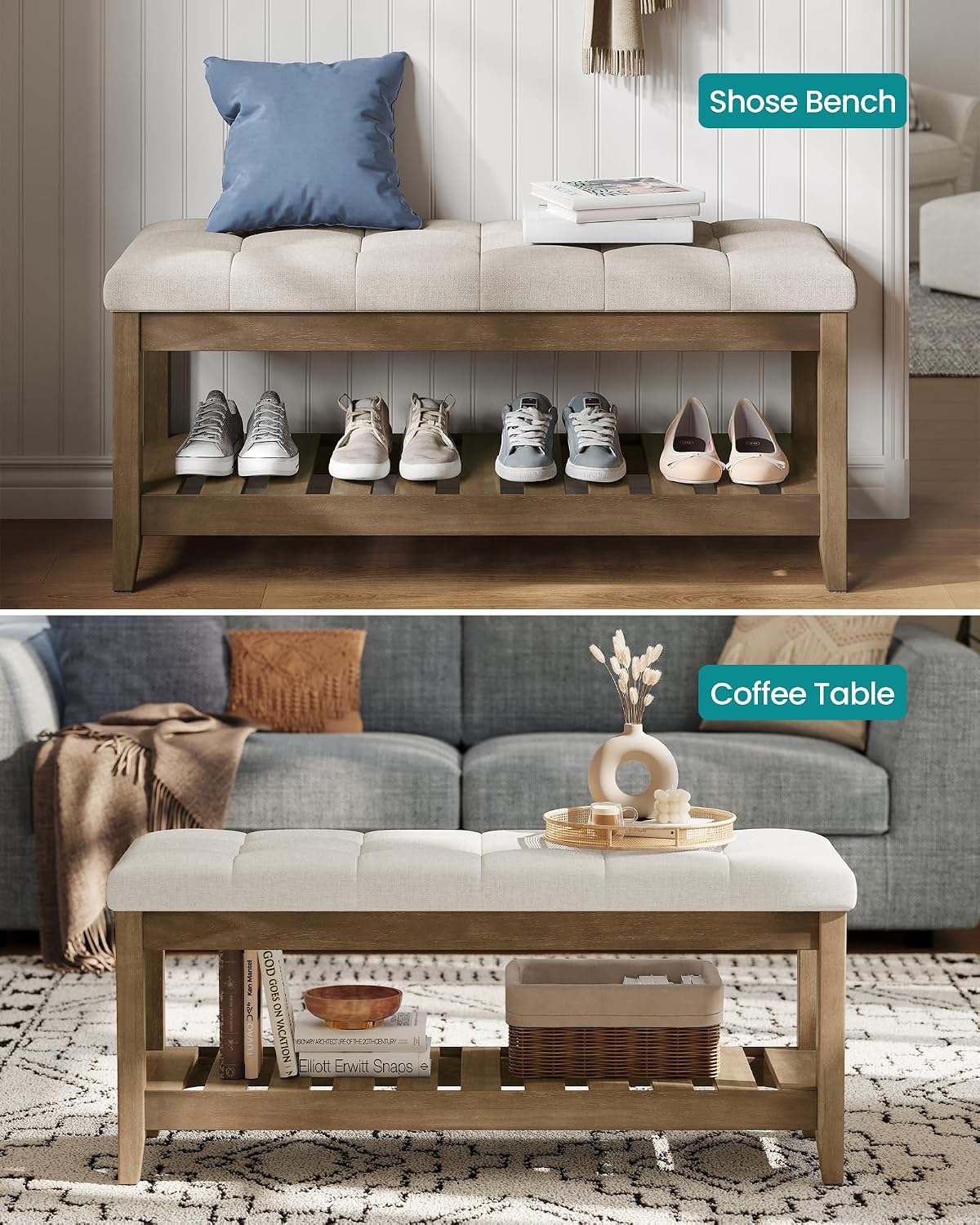Sand Tufted Wood Frame Storage Bench