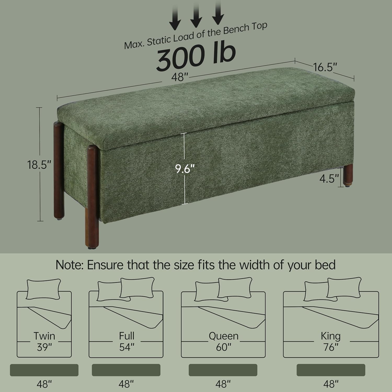 Green Fabric Wooden Storage Bench